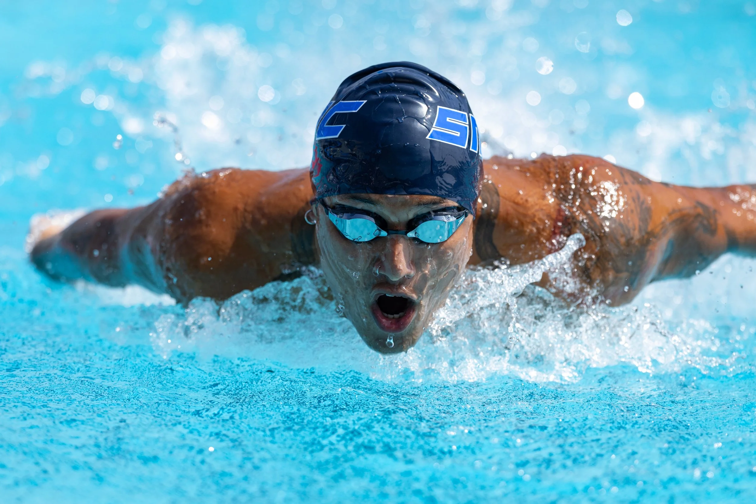  Rohan Lee, Santa Monica College (SMC) Swimming Corsair, competes in the Men’s 400 Medley Relay swimming butterfly alongside his team mates Riley Amis, Ronan Suarez and Zinadin Rosales during the Western State Conference (WSC) #3 Swimming and Diving 