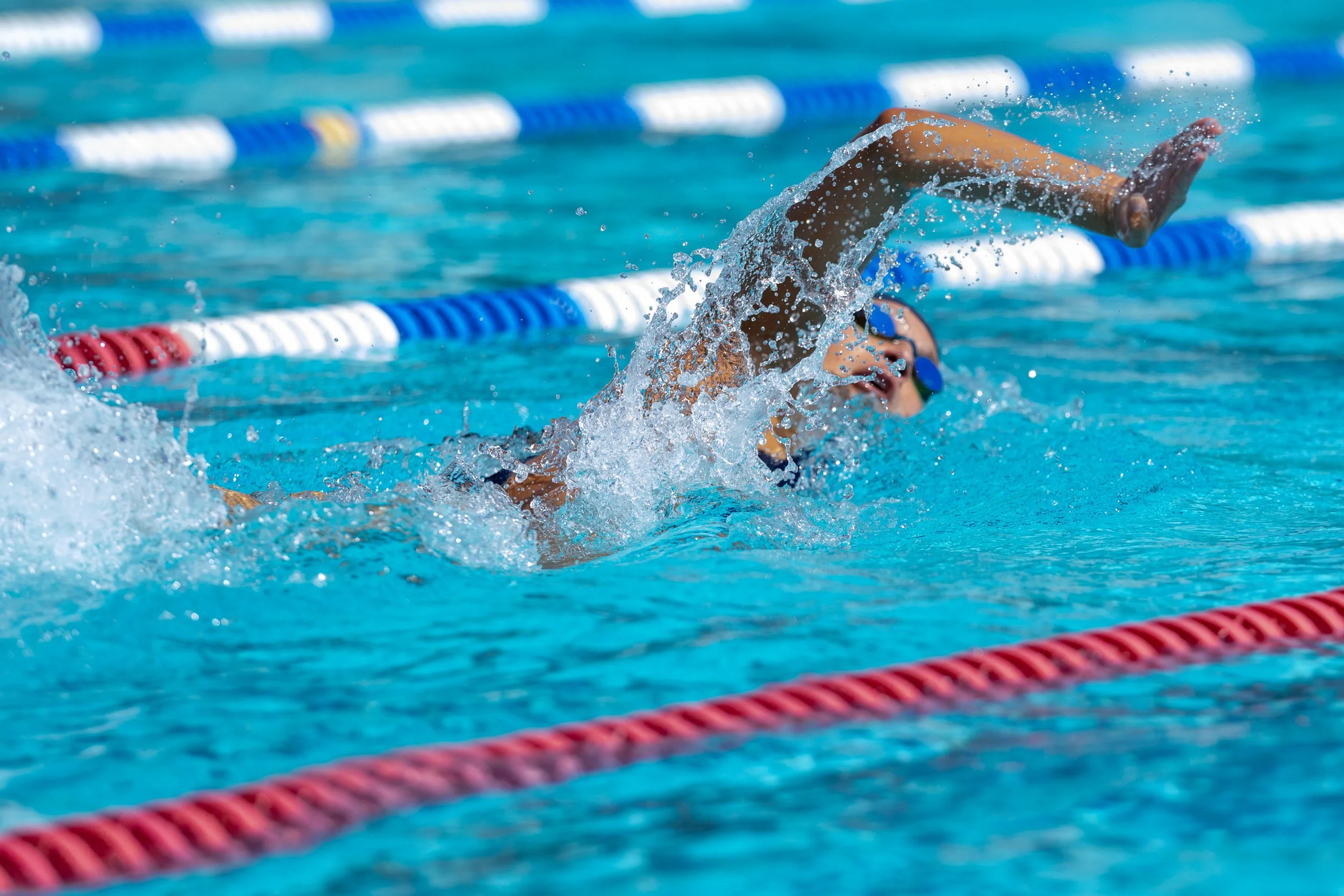  Isabella Garcia, Santa Monica College (SMC) Swimming & Diving Corsair, breaths during the Women’s 100 freestyle event during the Western State Conference (WSC) #3 Swimming and Diving Meet on Friday, March 27, 2026, at the SMC Pool in Santa Monica, C