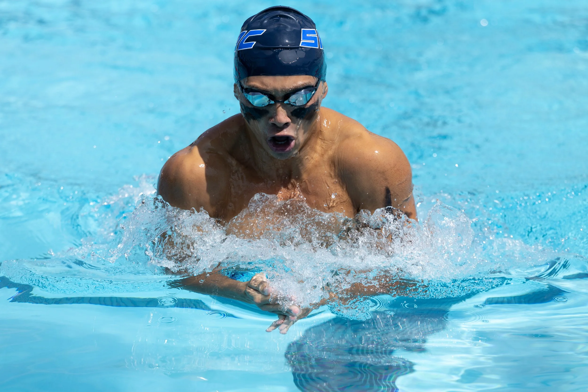  Riley Taizo Amis, Santa Monica College (SMC) Swimming Corsair, swims during the Men’s 200 Breast event during the Western State Conference (WSC) #3 Swimming and Diving Meet on Friday, March 27, 2026, at the SMC Pool in Santa Monica, Calif. Corsairs 