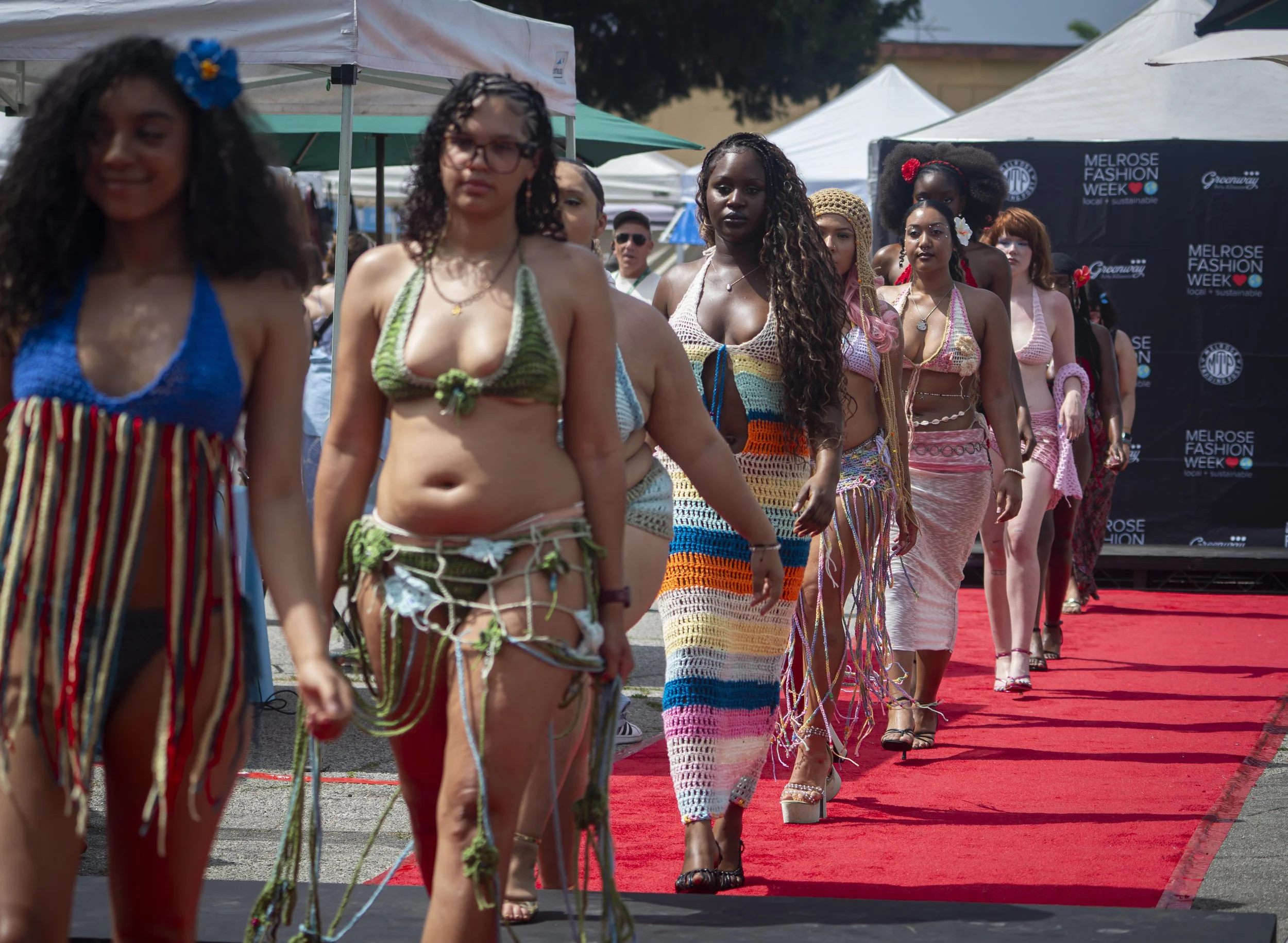  Models entering runway in designs by Santa Monica College Fashion & Design student Erica Perla Jimenez at the second annual Melrose Fashion Week Runway Show this was Jimenez's time at Melrose Trading Post at Melrose at Fairfax High School in Los Ang