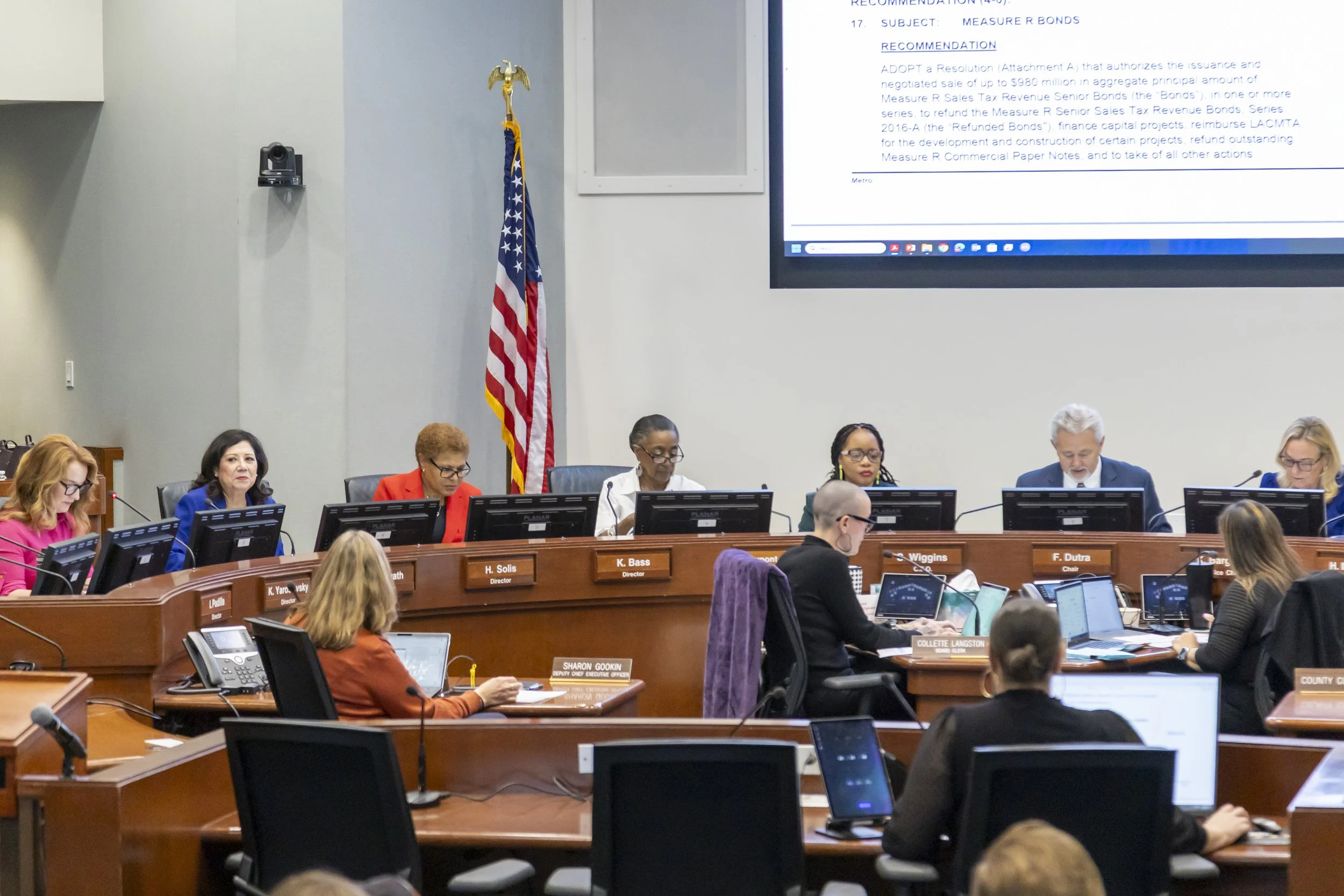  The Los Angeles County Metropolitan Transit Authority (Metro) Board of Directors meets  inside One Gateway Plaza, Metro headquarters, outside Union Station, Thursday, March 26, 2026 in Los Angeles. Mayor of Los Angeles Karen Bass (3rd from left) bro