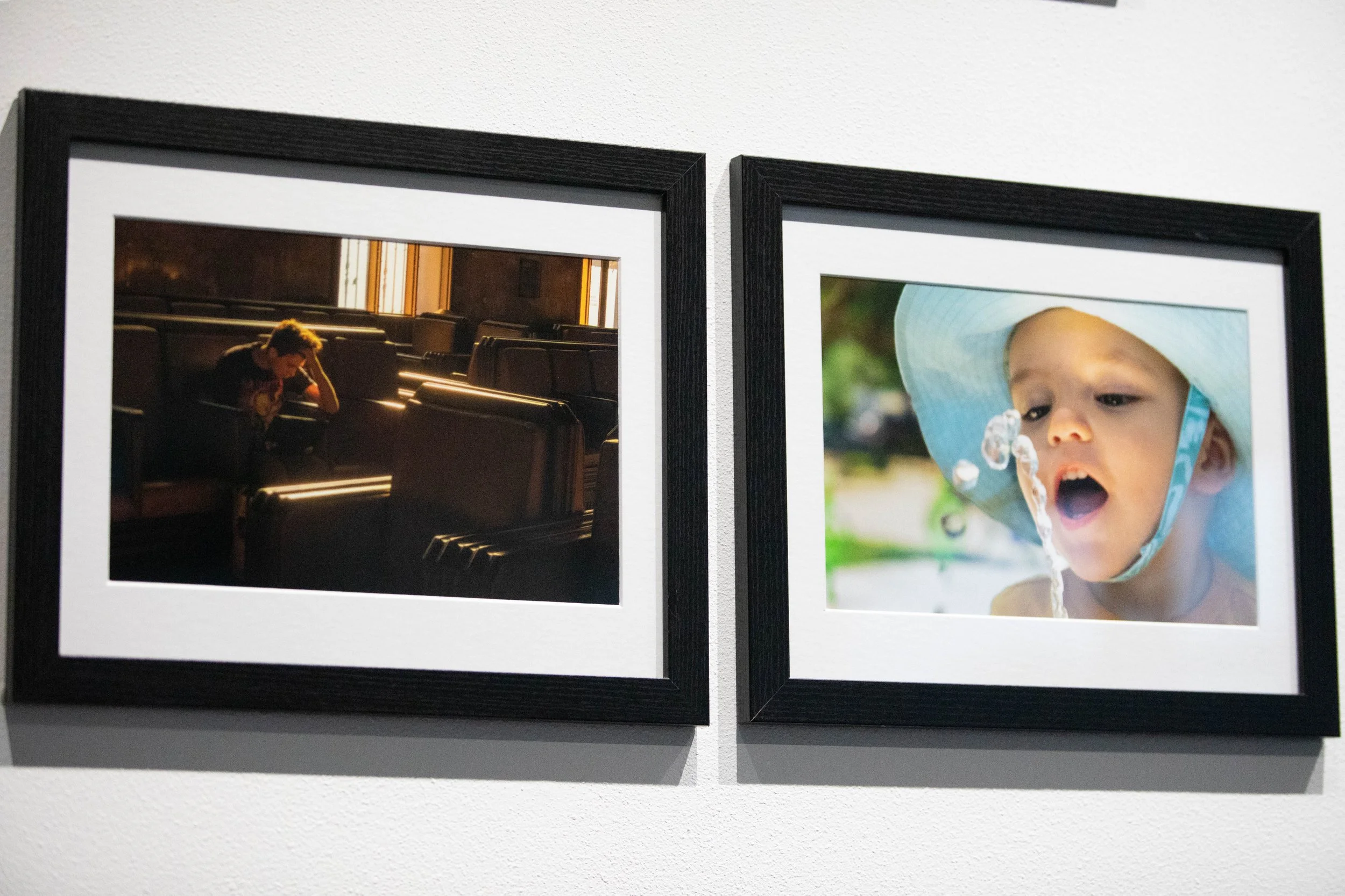  (L to R) Kathleen Battersby's "Contemplation in Union Station" (Digital Photograph, 2025, 8"x12", NFS) and "Water Fountain Fun" (Digital Photograph, 2024, 8"x12", NFS) displayed at the Santa Monica College (SMC) Emeritus Student Photography Exhibiti