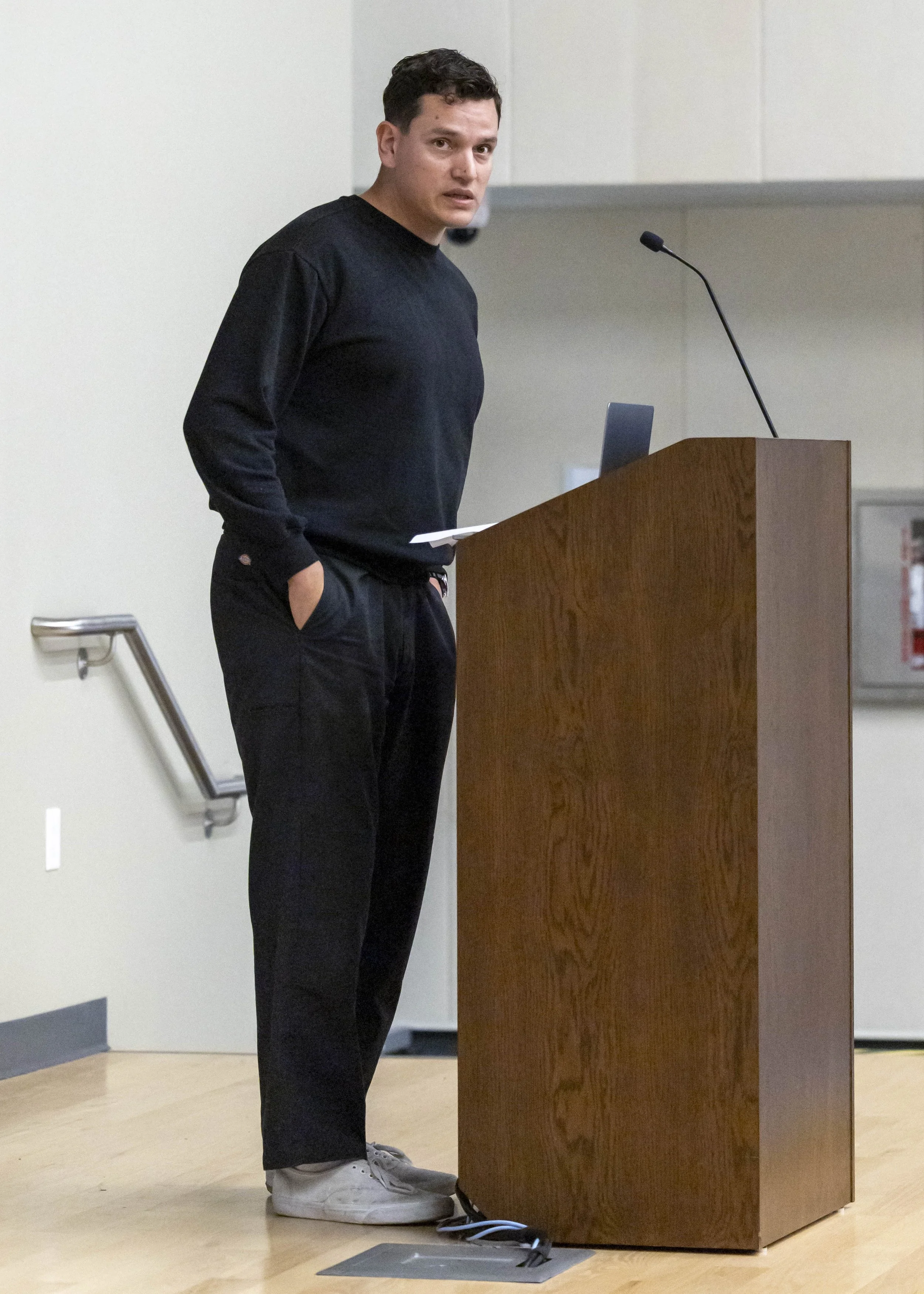  Santa Monica College (SMC) art professor Robert Huerta, during special event with Mexican American multidisciplinary performance artist Rafa Esparza for a special event held at the SMC Student Services Center Orientation Hall in Santa Monica, Calif.