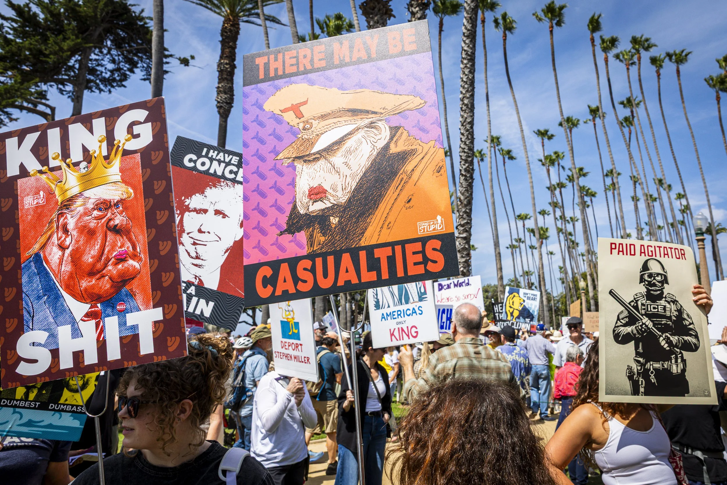  Protesters brought all sorts of signs to the “No Kings 3” rally on Palisades Park at Ocean Ave. and Montana Ave. on Saturday, March 28th, 2026, in Santa Monica, Calif. The protest, part of a nationwide movement opposing policies of President Donald 