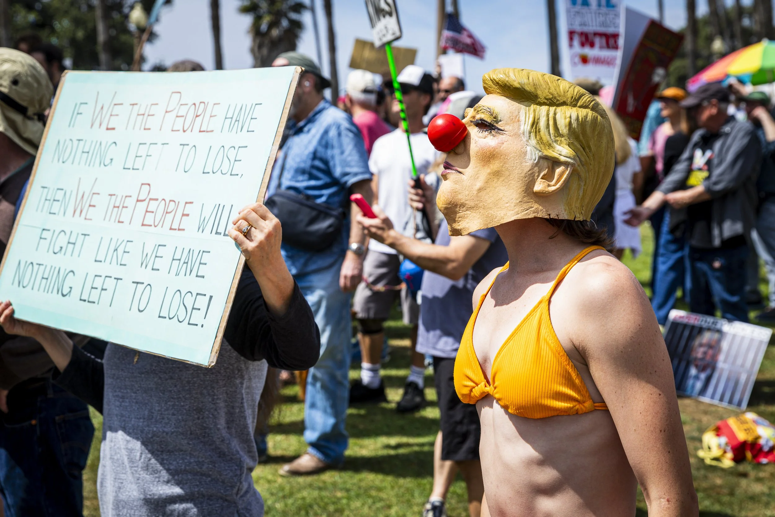  Protesters dressed up brought all sorts of signs to the “No Kings 3” rally on Palisades Park at Ocean Ave. and Montana Ave. on Saturday, March 28th, 2026, in Santa Monica, Calif. The protest, part of a nationwide movement opposing policies of Presid