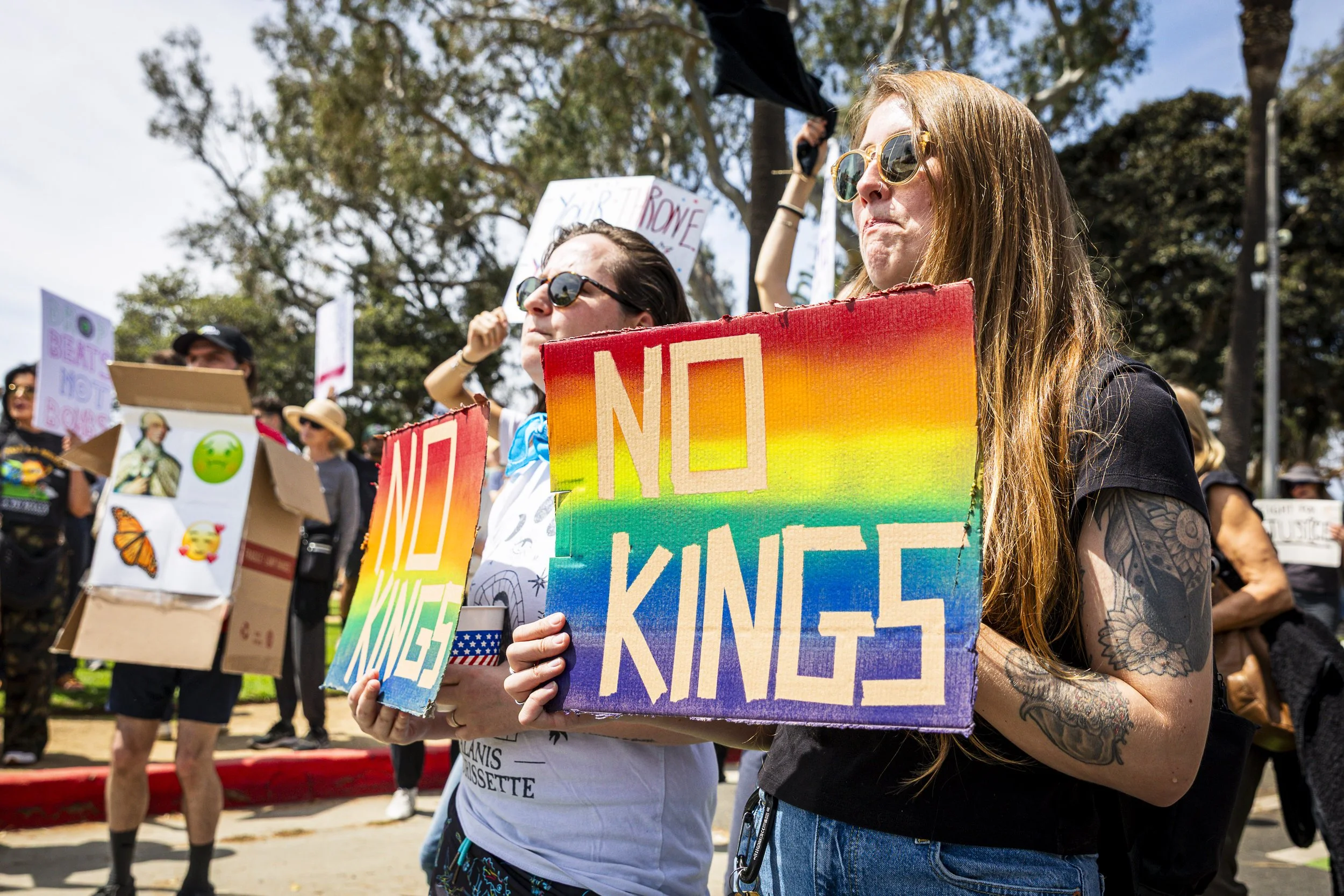  Protesters brought all sorts of signs to the “No Kings 3” rally on Palisades Park at Ocean Ave. and Montana Ave. on Saturday, March 28th, 2026, in Santa Monica, Calif. The protest, part of a nationwide movement opposing policies of President Donald 