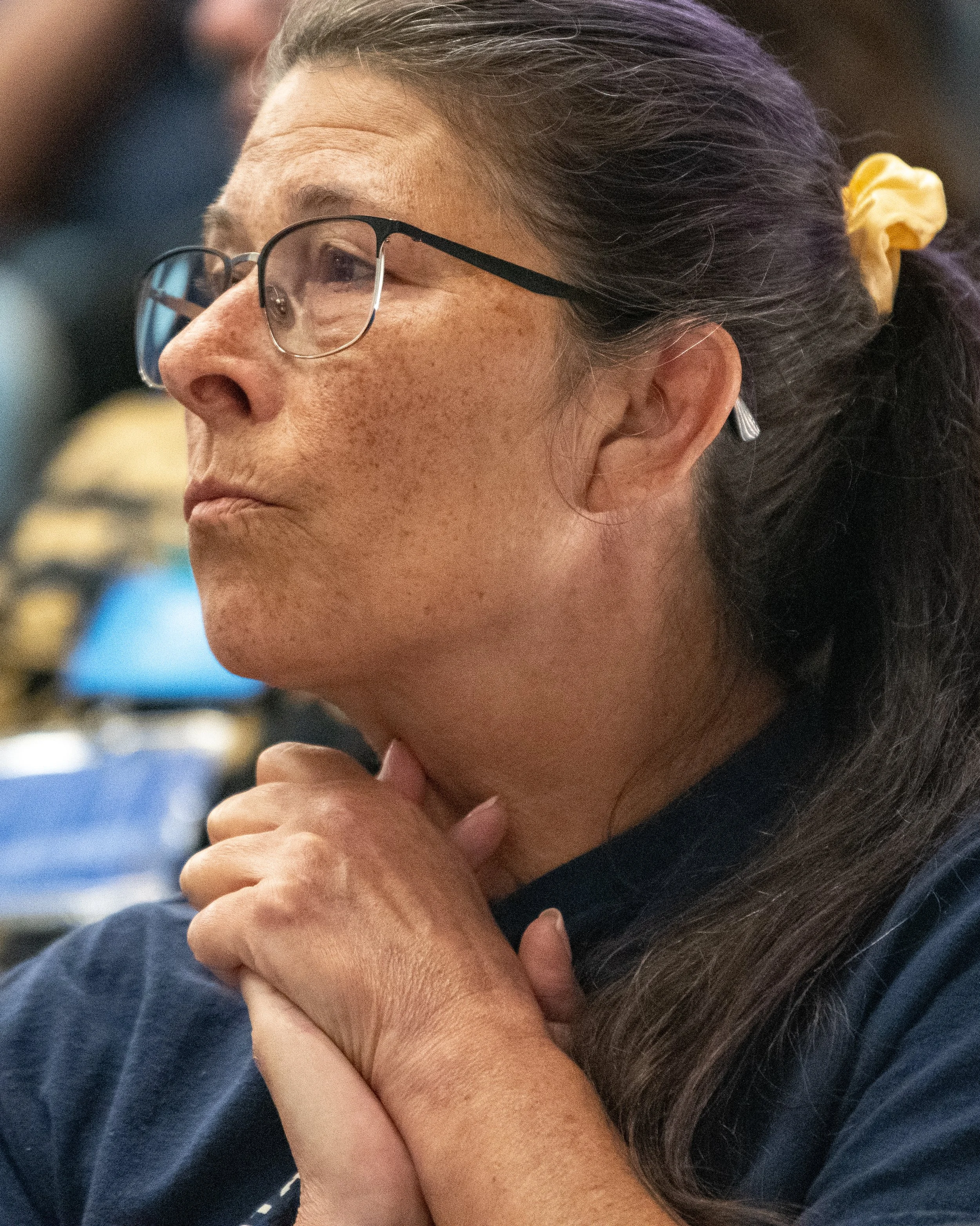  Santa Monica College (SMC) Instructional Media Specialist, Christine Miller in the crowd during the public comment portion of the Board of Trustees meeting held in the Orientation Hall of the SMC Student Services Center in Santa Monica, Calif. on Ap