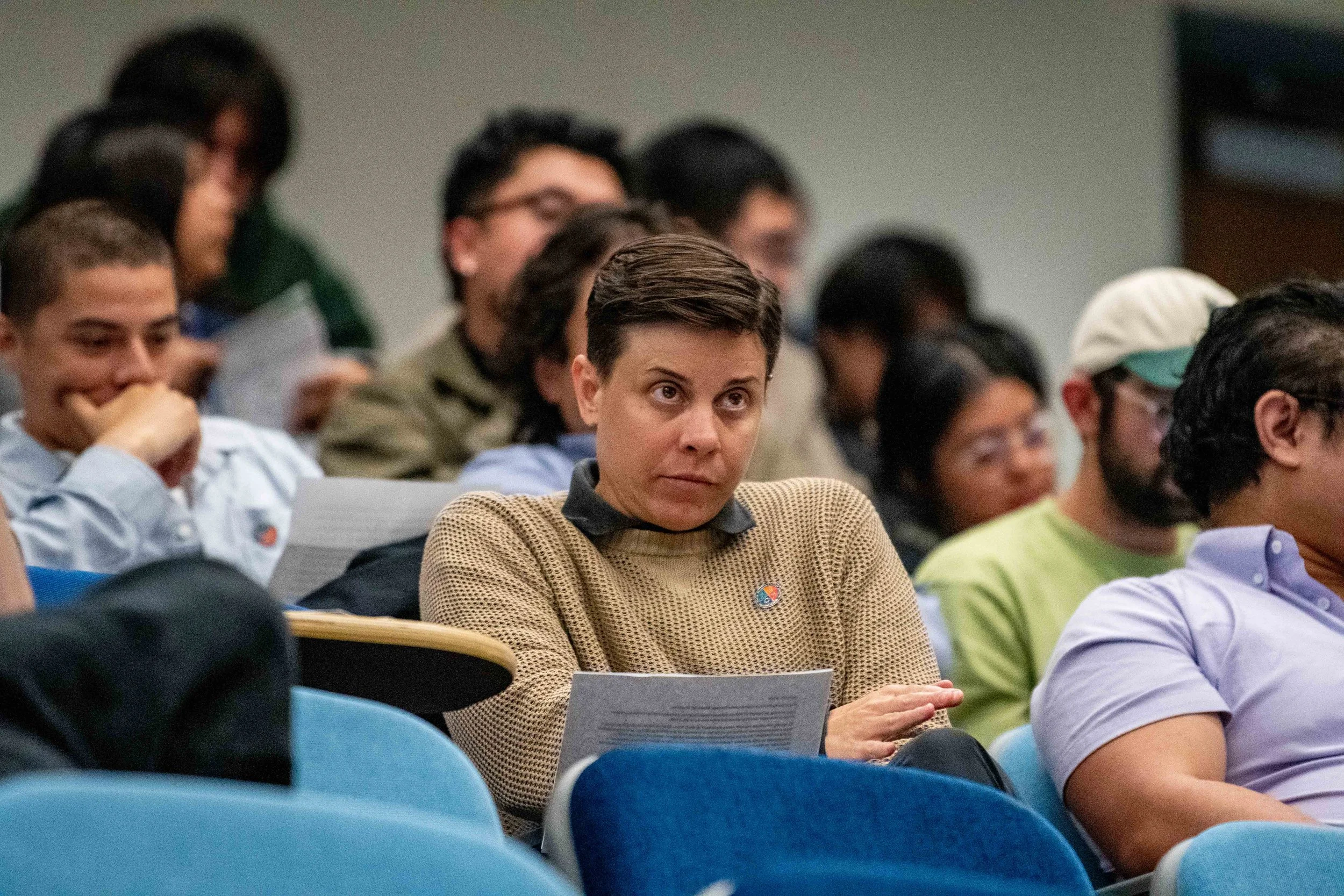  Biotech Project Manager, Kathryn Bremer in the crowd during the public comment portion of the Santa Monica Cllege (SMC) Board of Trustees meeting held in the Orientation hall of the SMC Student Services Center in Santa Monica, Calif. on April 7, 202
