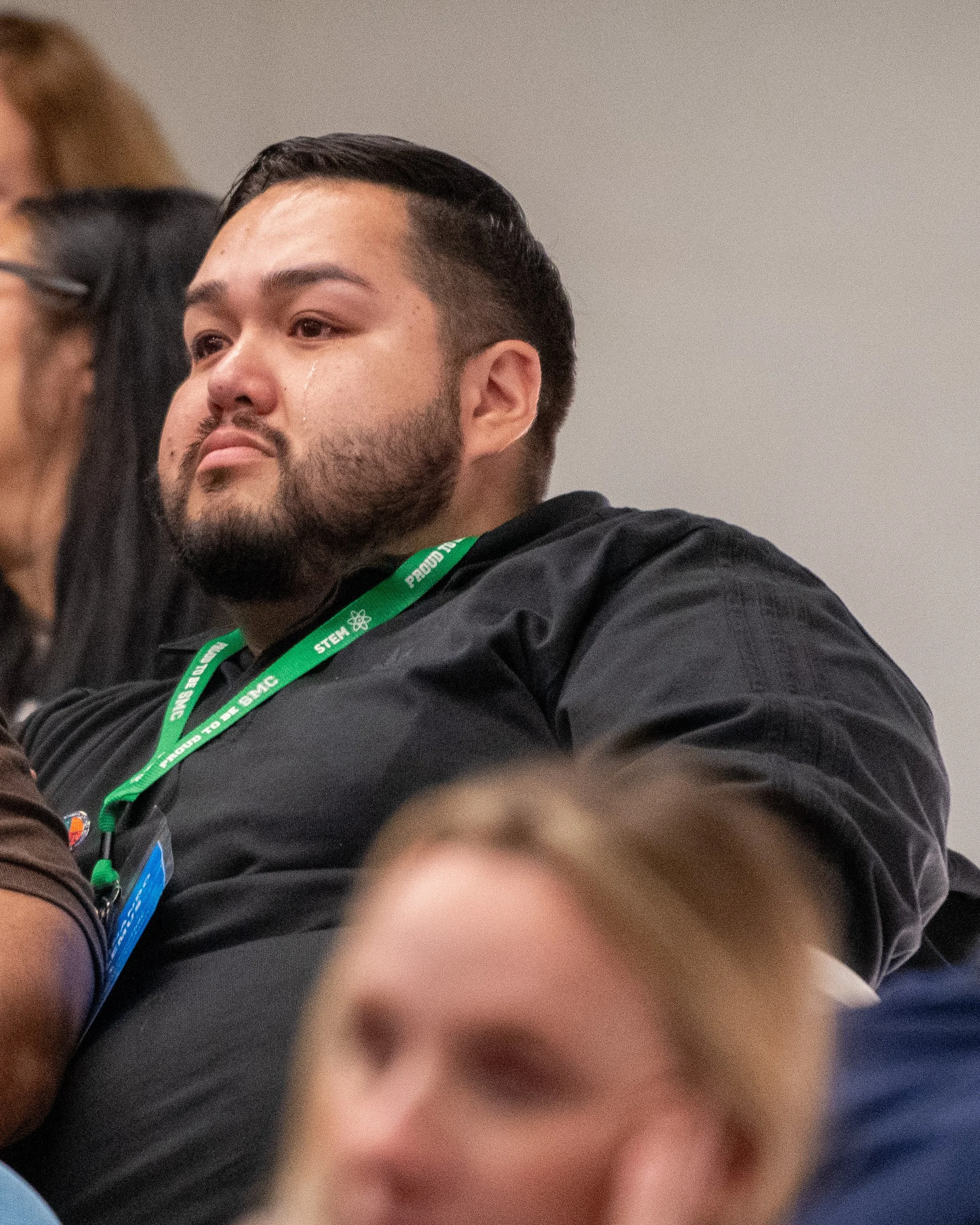  Santa Monica College (SMC) STEM Program Specialist, Fernando Lainez Lemus reacting to Bremer's public comment during the Board of Trustees meeting held in the Orientation Hall of the SMC Student Services Center in Santa Monica, Calif. on April 7, 20