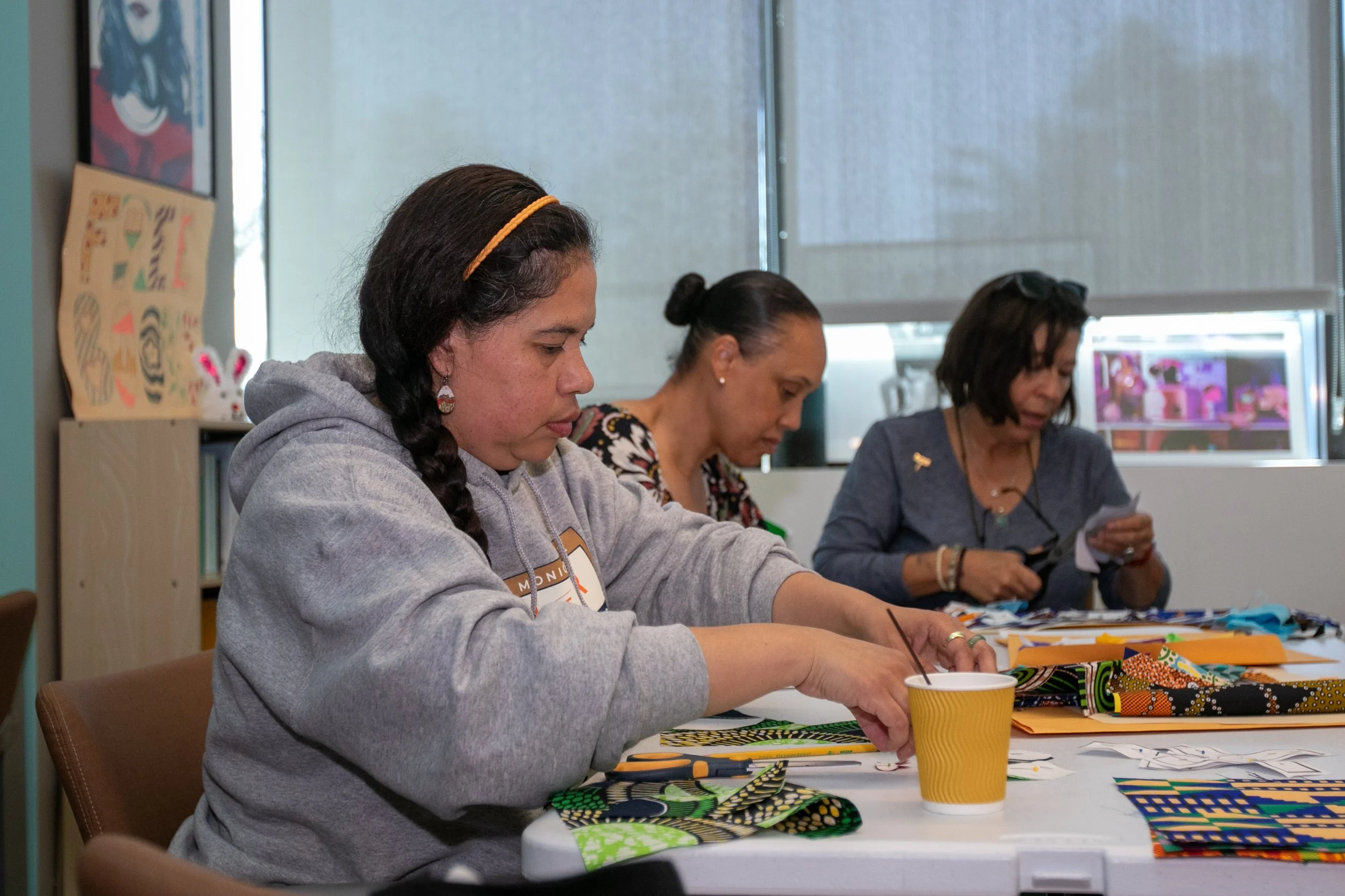  Santa Monica College (SMC) Student Services Specialist Janet Tercero (CQ) is prepping her cutouts to be placed on fabric for her personal quilt square during the Black Collegians Quilting Circle reunion on Thursday, April 2, 2026, at the Student Ser