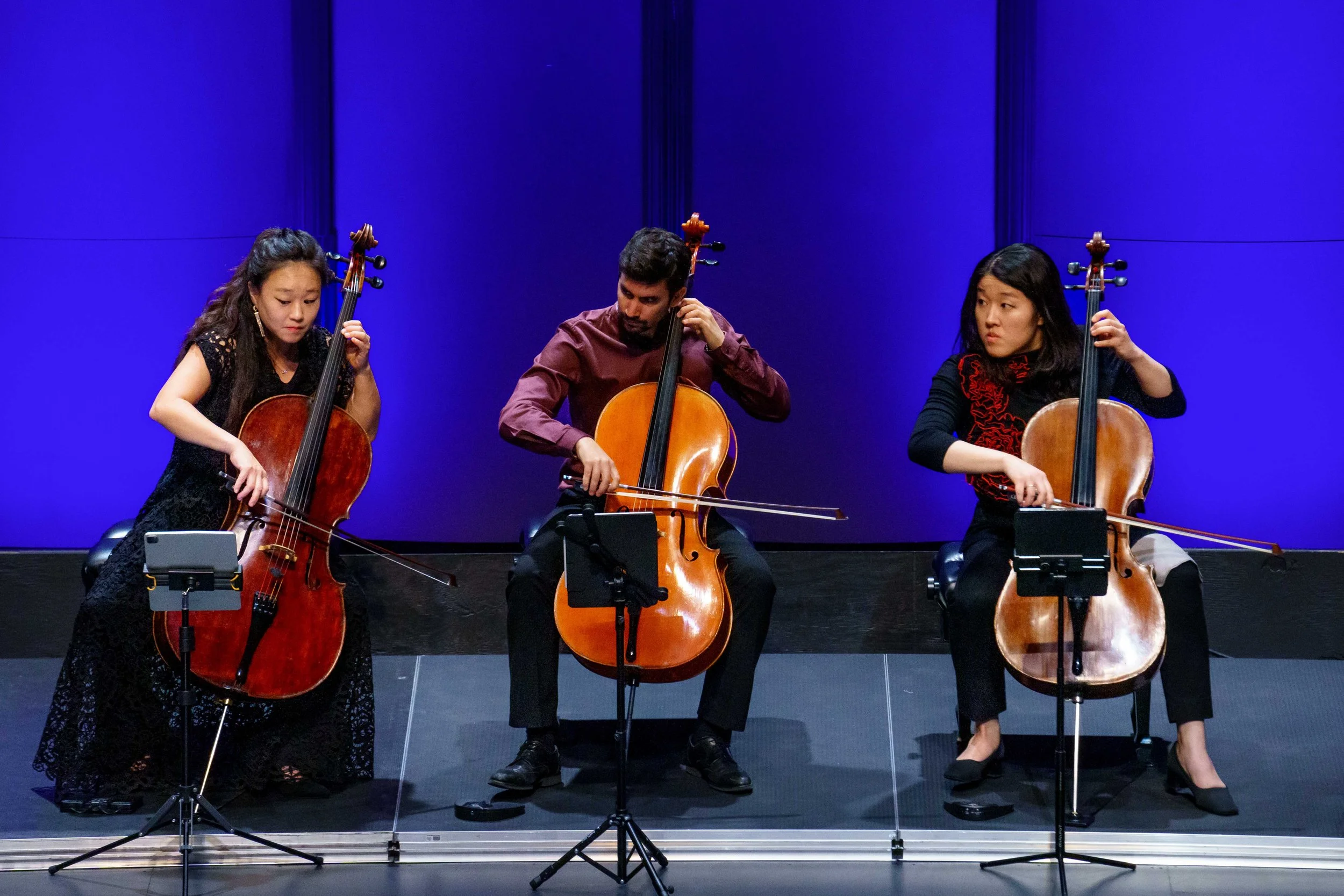  (L-R) Delirium Musicum's cello section, Joo Lee, Javier Iglesias Martin, and principal Stella Cho, perform at BroadStage's Sunday Morning Series on Sunday, March 29, 2026, in Santa Monica, Calif. After the performance, Martin said they had had to "q
