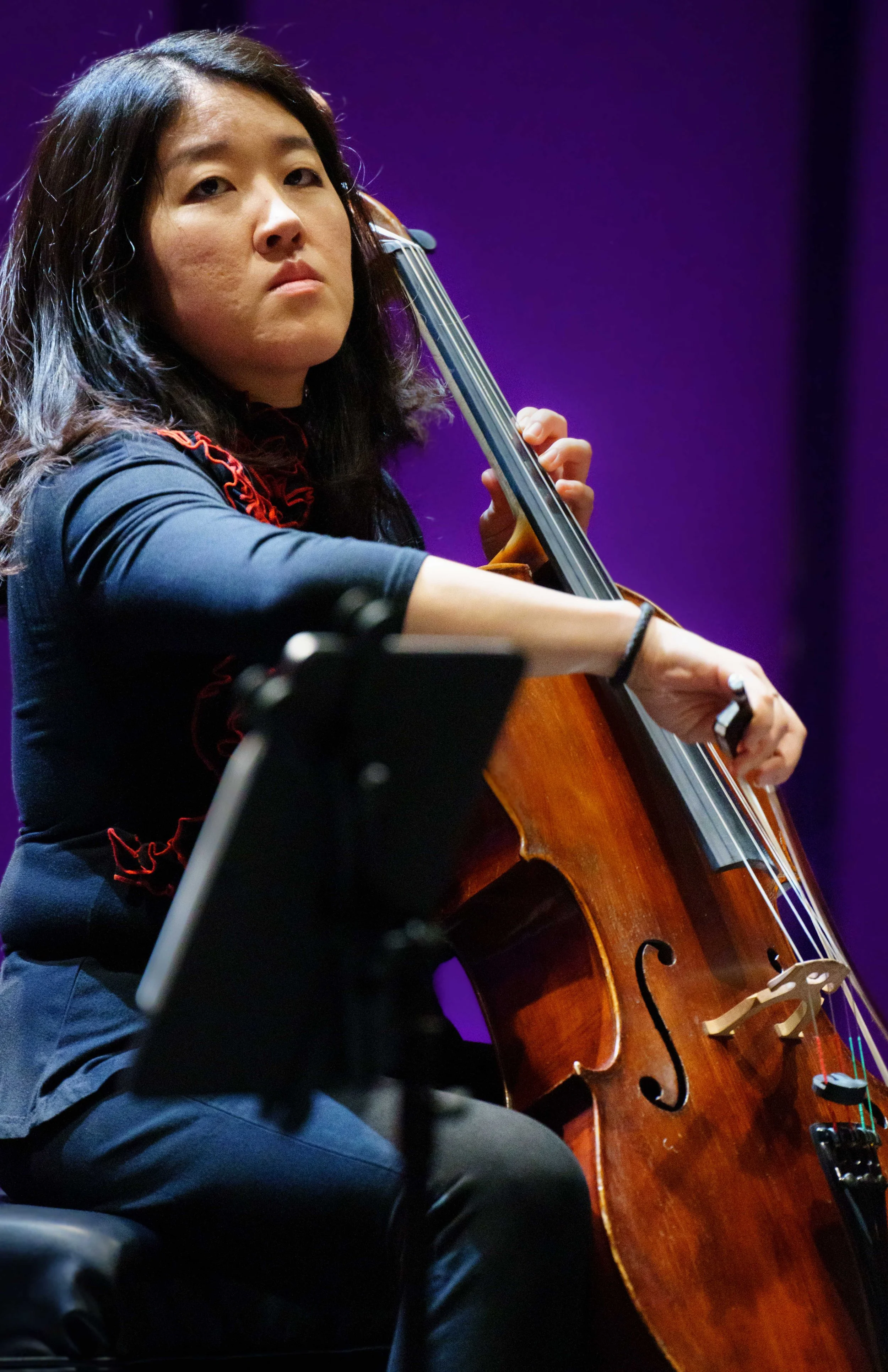  Delirium Musicum principal cellist Stella Cho dress rehearses Sunday, March 29, 2026, at BroadStage in Santa Monica, Calif. Cho also joins violinists Etienne Gara and YuEun Kim during their MusiKaravan series, a smaller satellite project created dur
