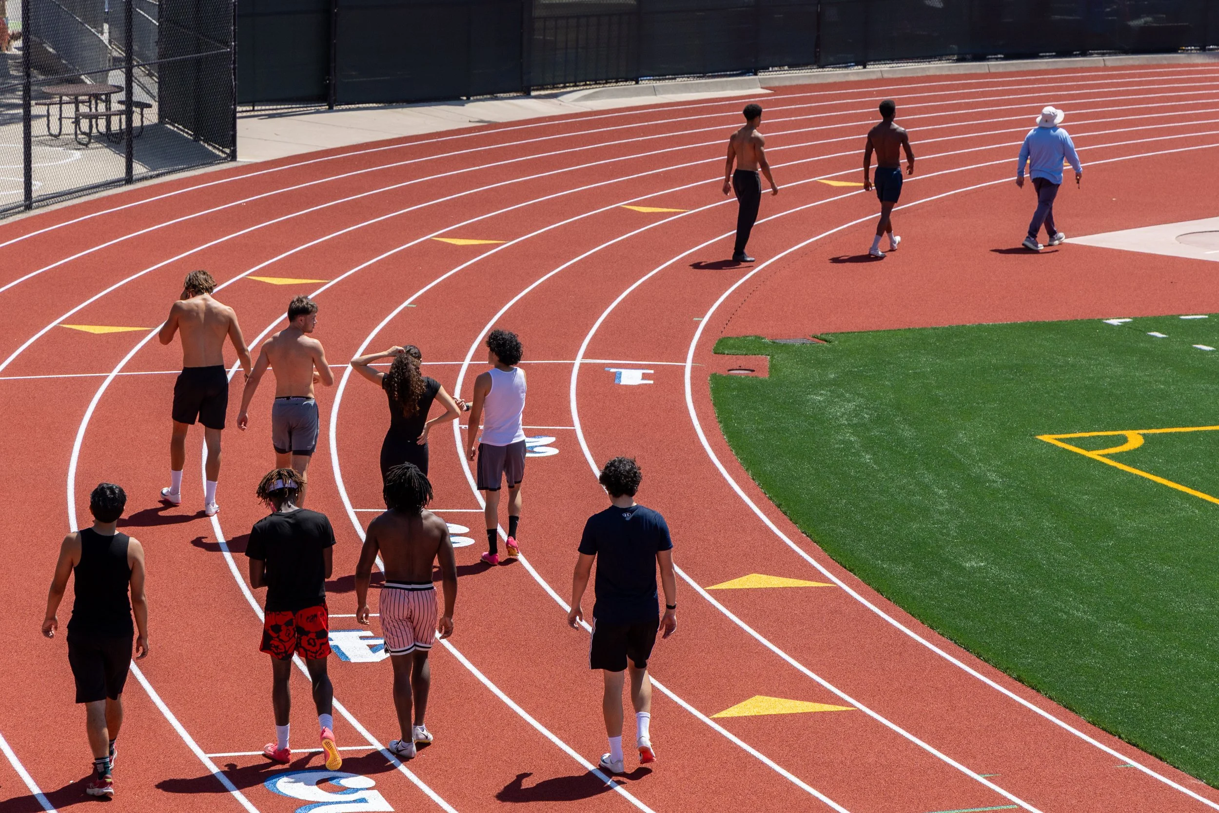  Santa Monica College (SMC) Track &amp; Field head coach Larry Silva (far right), leads his athletes for the first time down the new resurfaced track for practice on Morrison Track &amp; Corsair Field at SMC Main campus in Santa Monica, Calif., on We