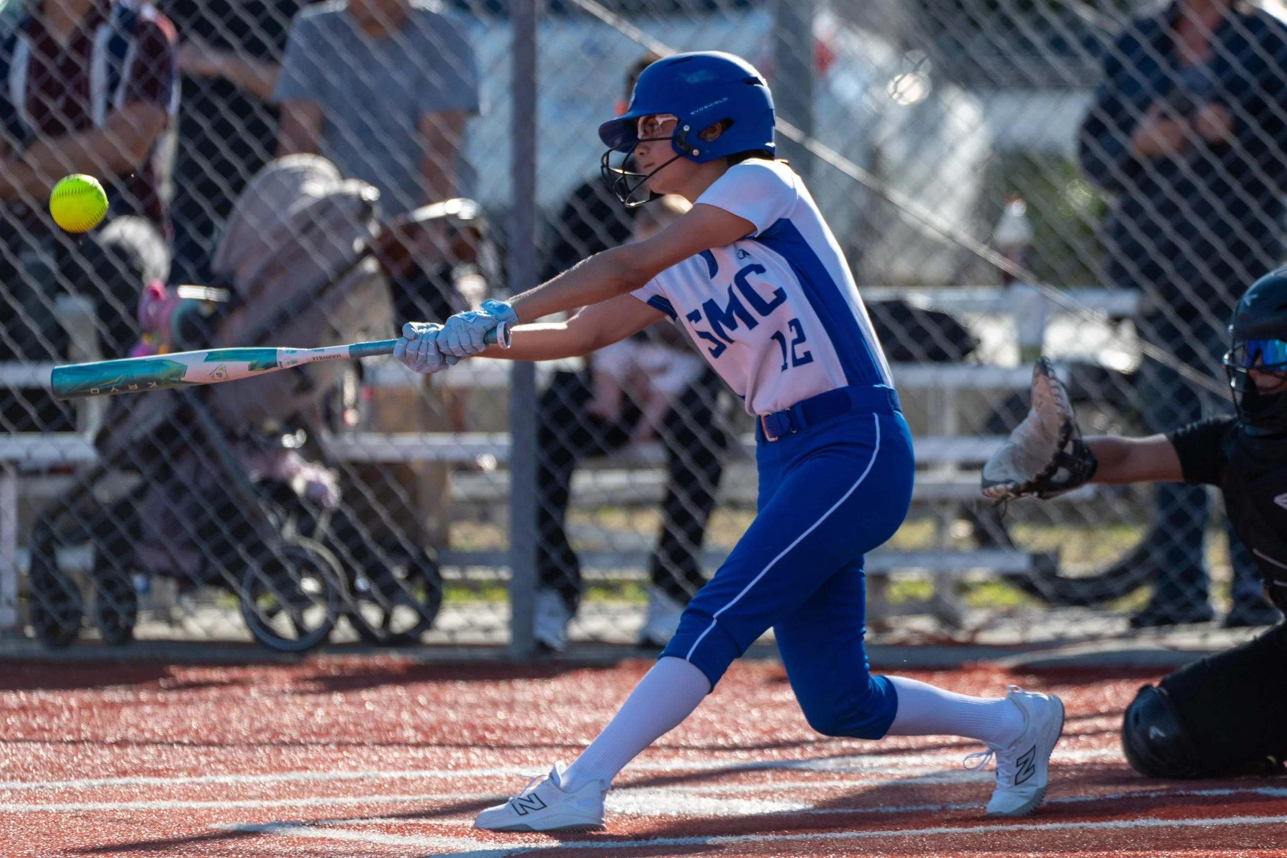  Santa Monica College (SMC) Corsair outfielder Danaly Santos (12) hits a single up the middle during the game with the Valley College (VC) Monarchs at Santa Monica, Calif., on Thursday, Feb. 26, 2026. The Corsairs were defeated by the Valley College 