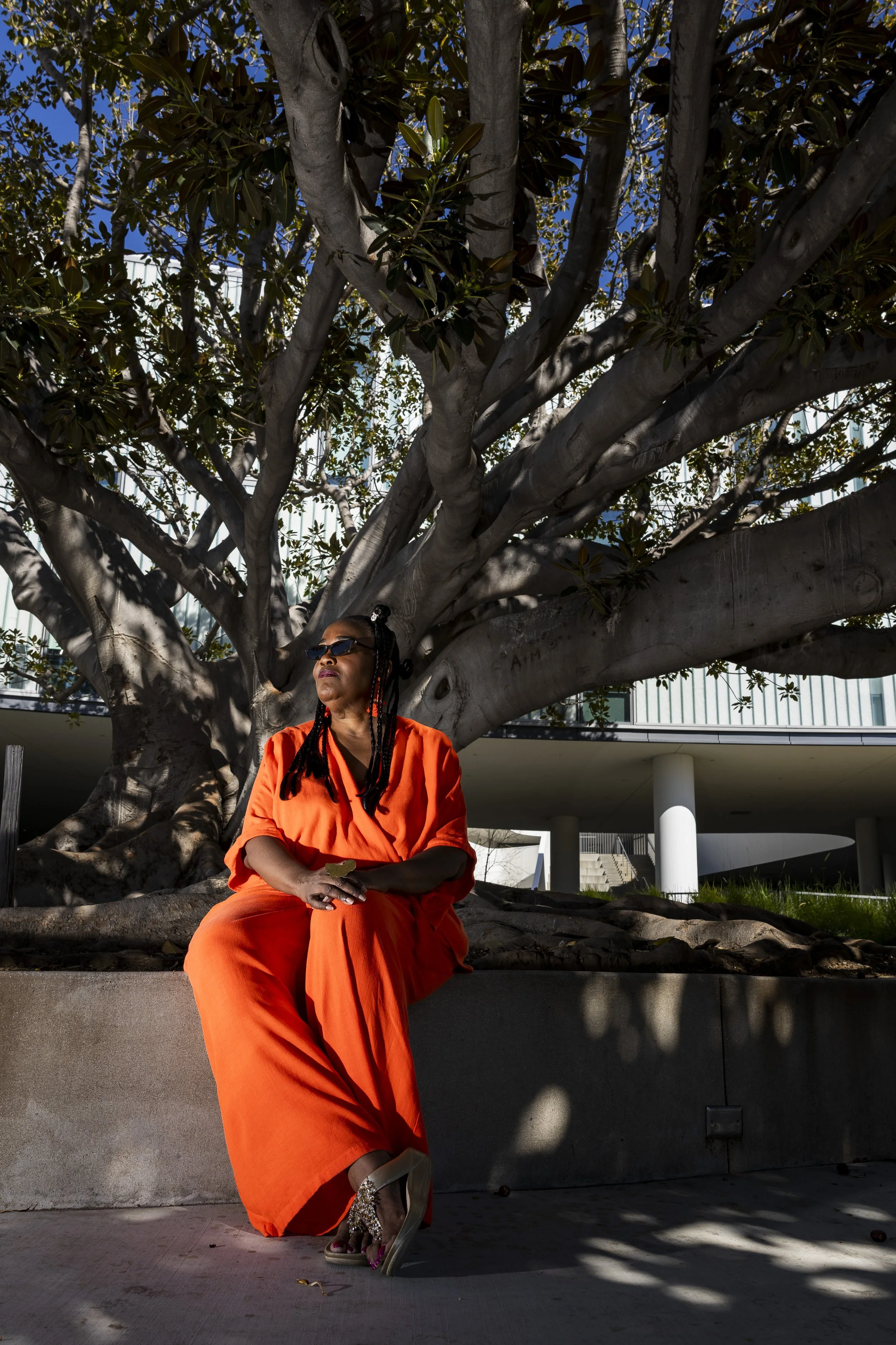  Wendi DeMorst poses for a photograph under a ficus she calls the “Tree of Life”  in front of the Santa Monica College library in Santa Monica, Calif., on Sunday March 1, 2026, months before she retires. (Kayjel J. Mairena | The Corsair) 