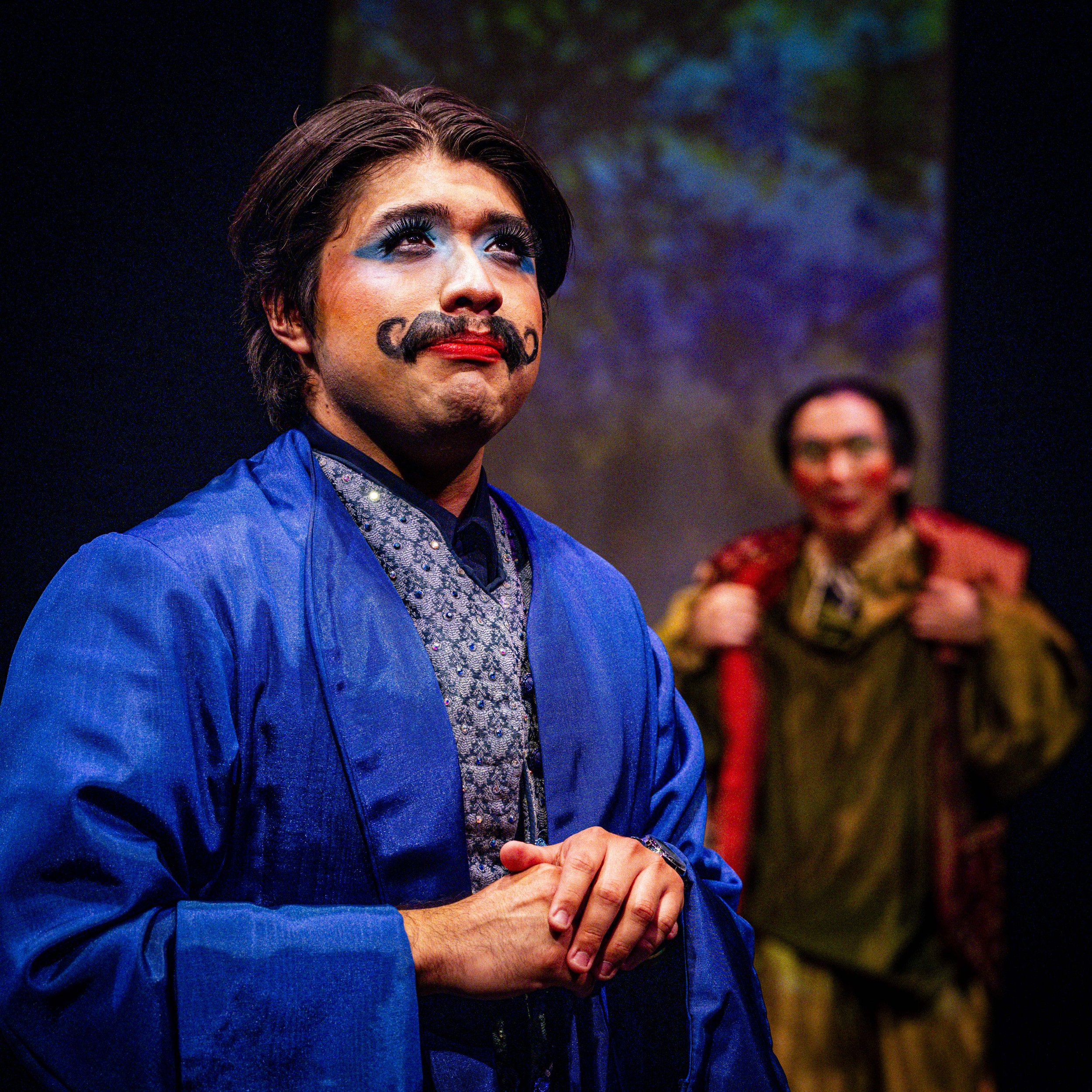  Actors Jorge Nava (L) as Malvolio, and Robert Amemiya (cq) (R) as Sir Toby Belch during a dress rehearsal for “Twelfth Bro” on Wednesday, April 8, 2026, at the Theatre Arts Studio Stage in the Santa Monica College (SMC) Main Campus in Santa Monica, 