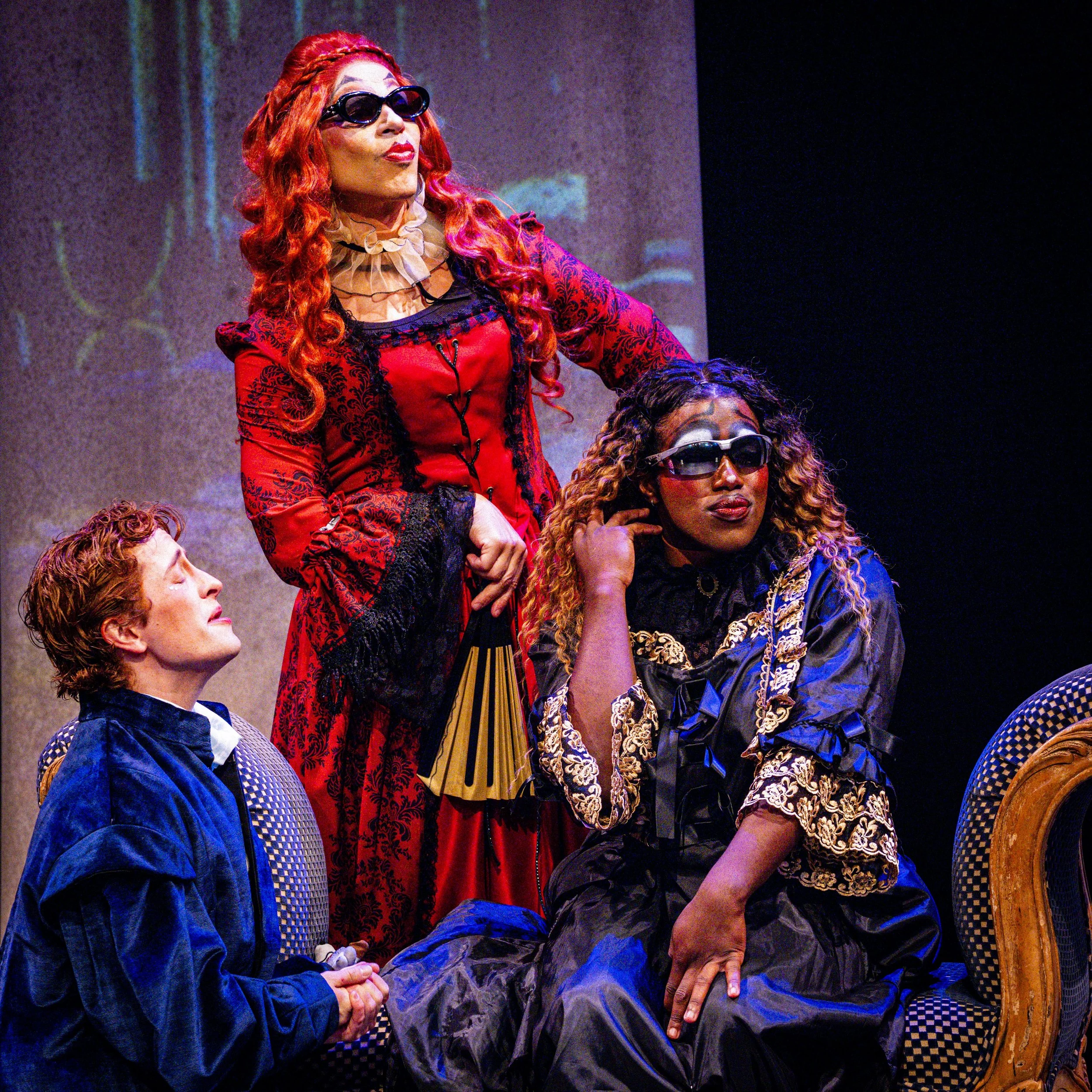  Actors George Heidt (L), as Viola, David Reid (C) as Mariah, and Ziare Rene (cq) (R) as Olivia during a dress rehearsal for “Twelfth Bro” on Wednesday, April 8, 2026, at the Theatre Arts Studio Stage in the Santa Monica College (SMC) Main Campus in 