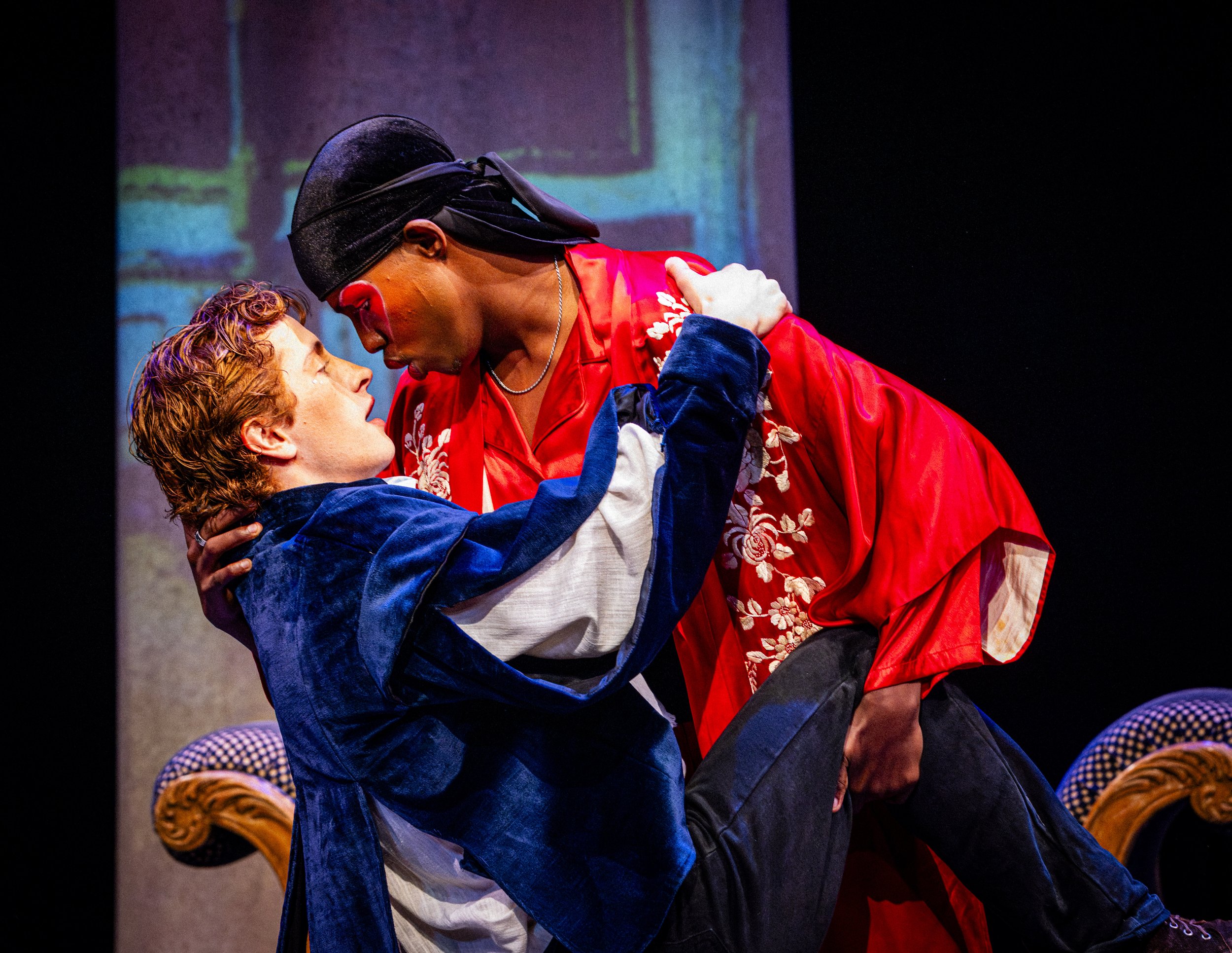  Actors George Heidt (L) as Viola, and Abdi Beyle (cq) (R), as Orsino during a dress rehearsal for “Twelfth Bro” on Wednesday, April 8, 2026, at the Theatre Arts Studio Stage in the Santa Monica College (SMC) Main Campus in Santa Monica, Calif. Adapt