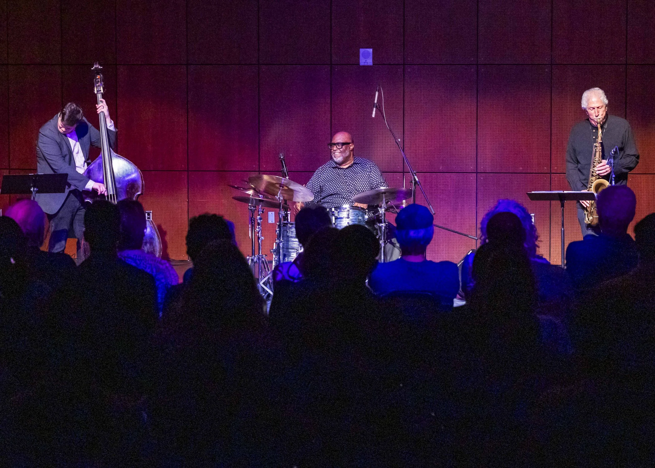  Dan Chmielinski (left), Carl Allen (center), and Bob Mintzer (right) perform during the Friday Jazz Night Series at the Music Hall at the Santa Monica College Performing Arts Center in Santa Monica, Calif., on Friday, April 3, 2026. Masie Najafi |Th