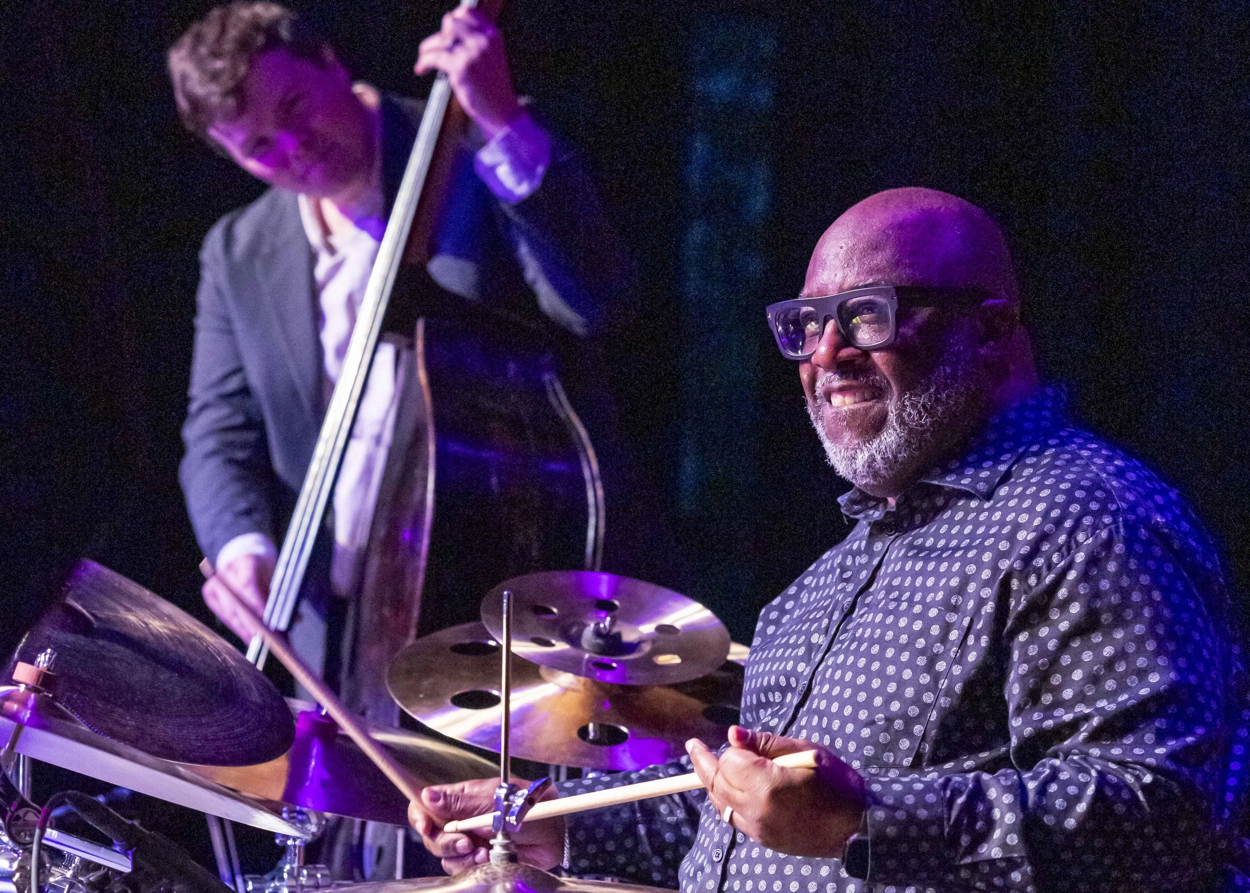  Dan Chmielinski (left) and Carl Allen (right) performed during the Friday Jazz Night Series at the Music Hall at the Santa Monica College Performing Arts Center in Santa Monica, Calif., on Friday, April 3, 2026. Masie Najafi| The Corsair 