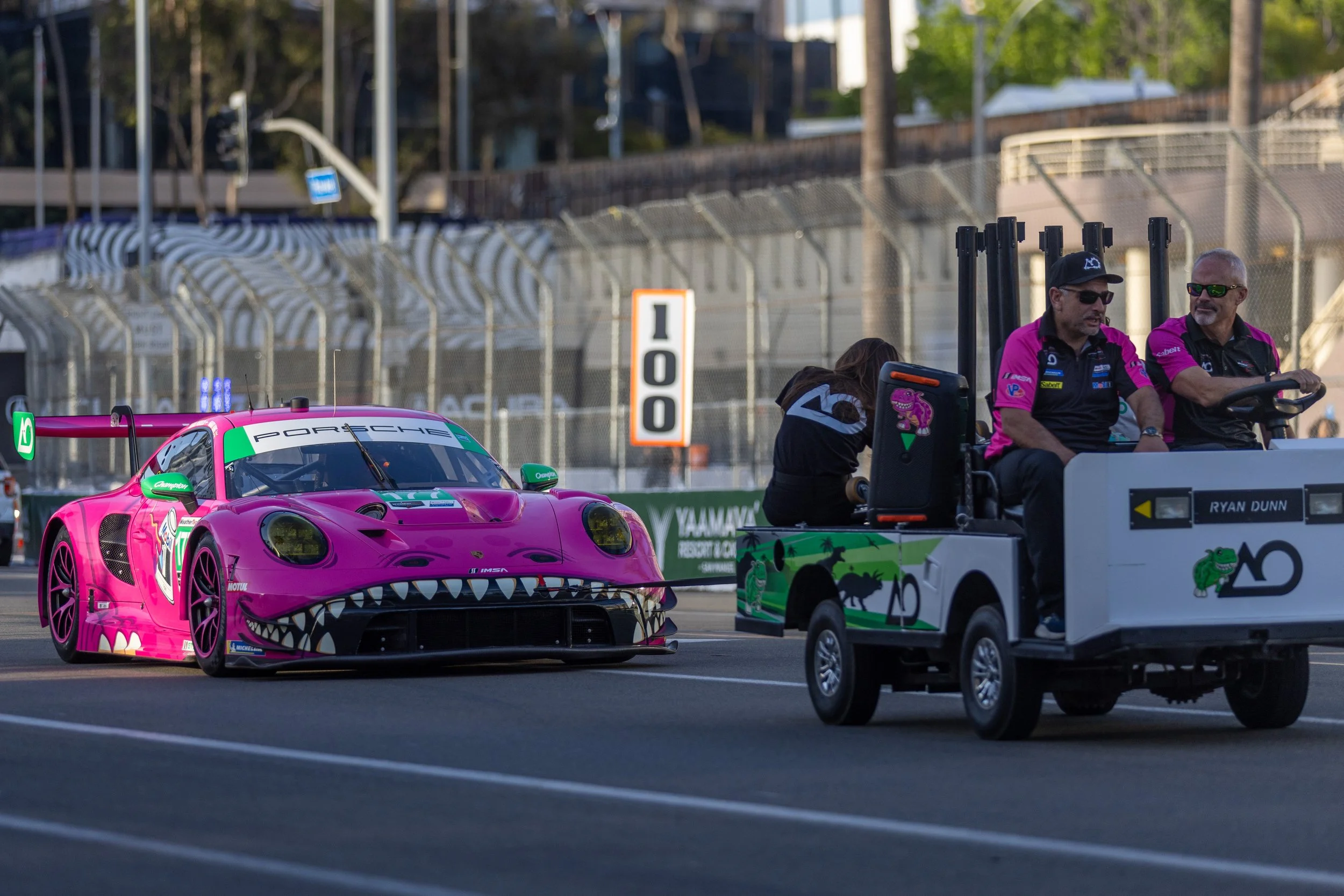  Grand Touring Daytona (GTD) AO Racing Porsche 911 GT3 R (992) Number 177 “Roxy” is being towed towards The Pike Mall to be shown in the Thunder Thursday event before the Acura Grand Prix of Long Beach on Thursday, April 16, 2026. The Acura Grand Pri