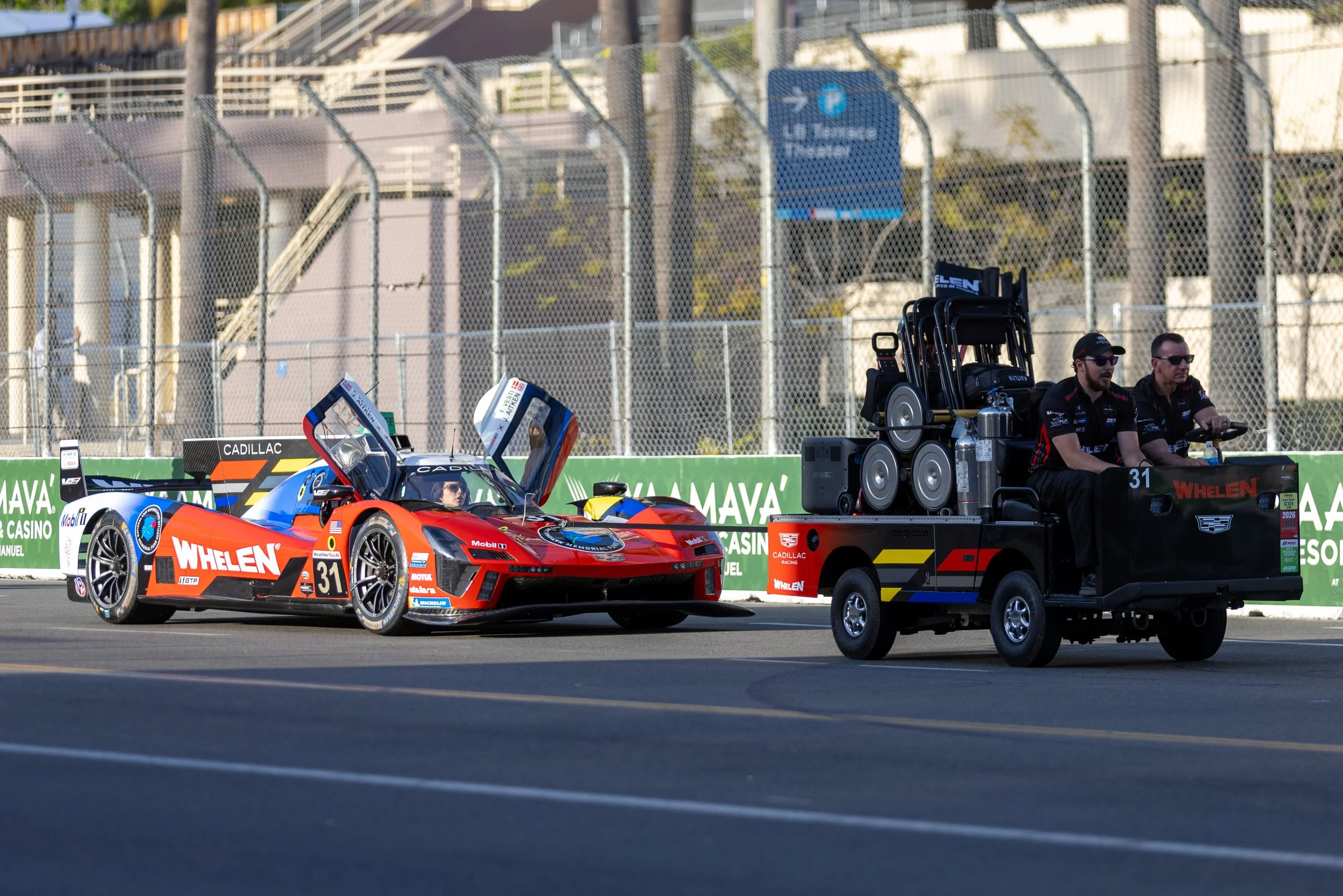  Grand Touring Prototype (GTP) Whelen Cadillac V-Series. R Number 31 is being towed towards The Pike Mall to be shown in the Thunder Thursday event before the Acura Grand Prix of Long Beach on Thursday, April 16, 2026. The Acura Grand Prix of Long Be
