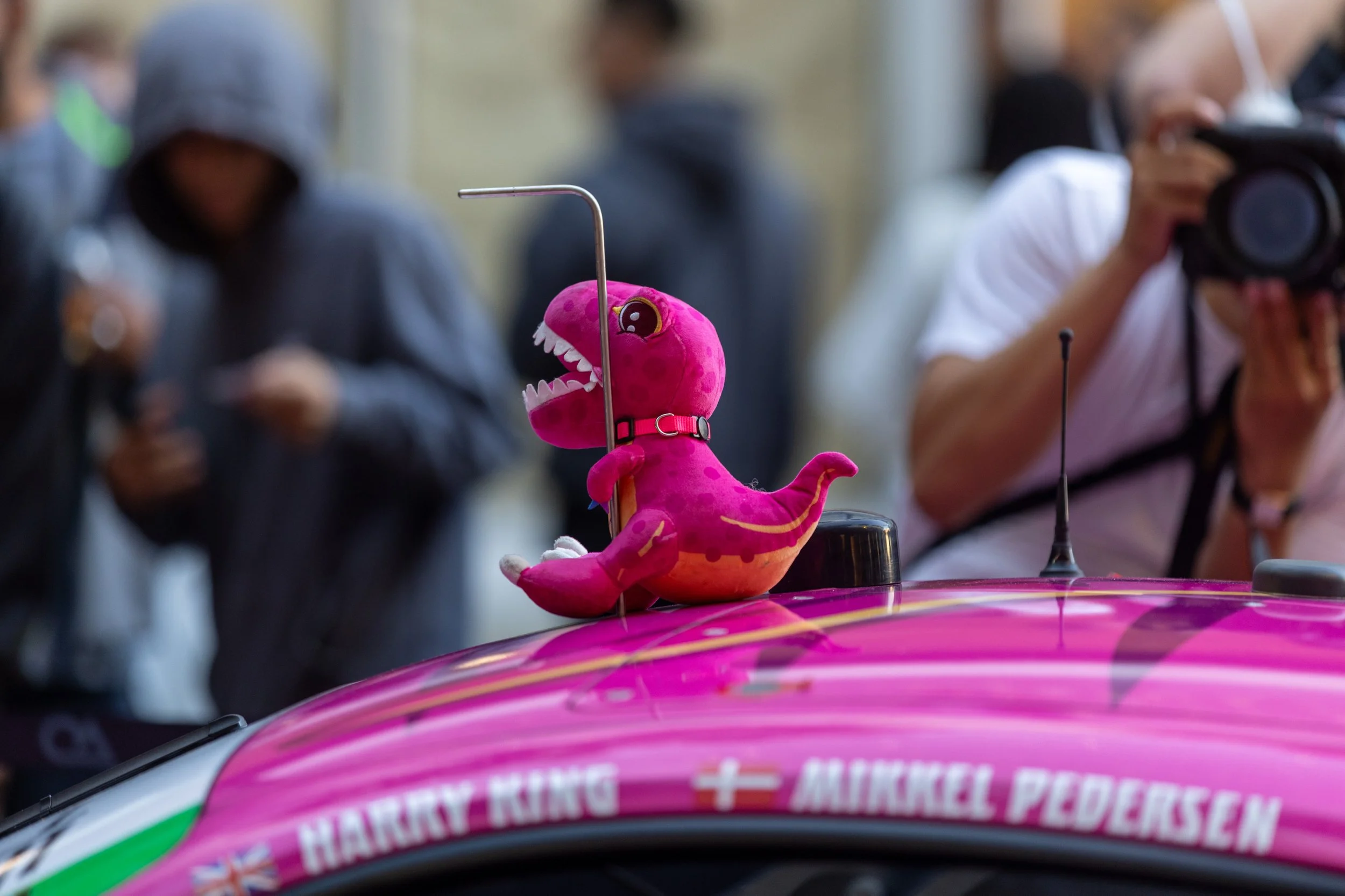 Grand Touring Daytona (GTD) AO Racing Porsche 911 GT3 R (992) number 177 “Roxy” plushie hugging the cabin air intake during Thunder Thursday at The Pike mall outside of the Acura Grand Prix Of Long Beach track on Thursday, April 16, 2026. The Acura 
