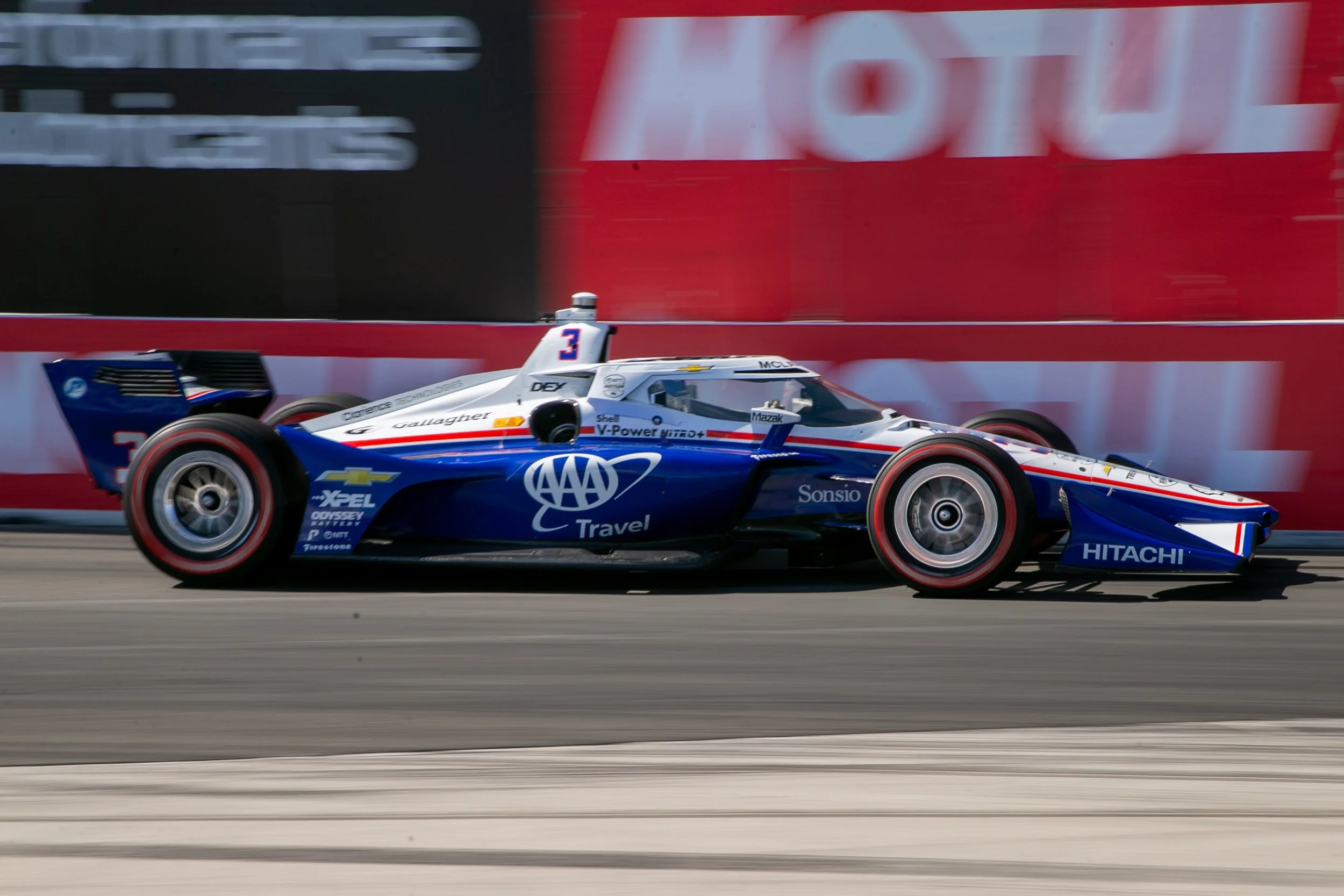  Team Penske number 3 driven by Scott McLaughlin entering turn 11 during the Acura Grand Prix of Long Beach for the Nippon Telegraph and Telephone Corporation (NTT) IndyCars Series on Sunday, April 19, 2026, on Shoreline Drive, Long Beach, Calif. McL