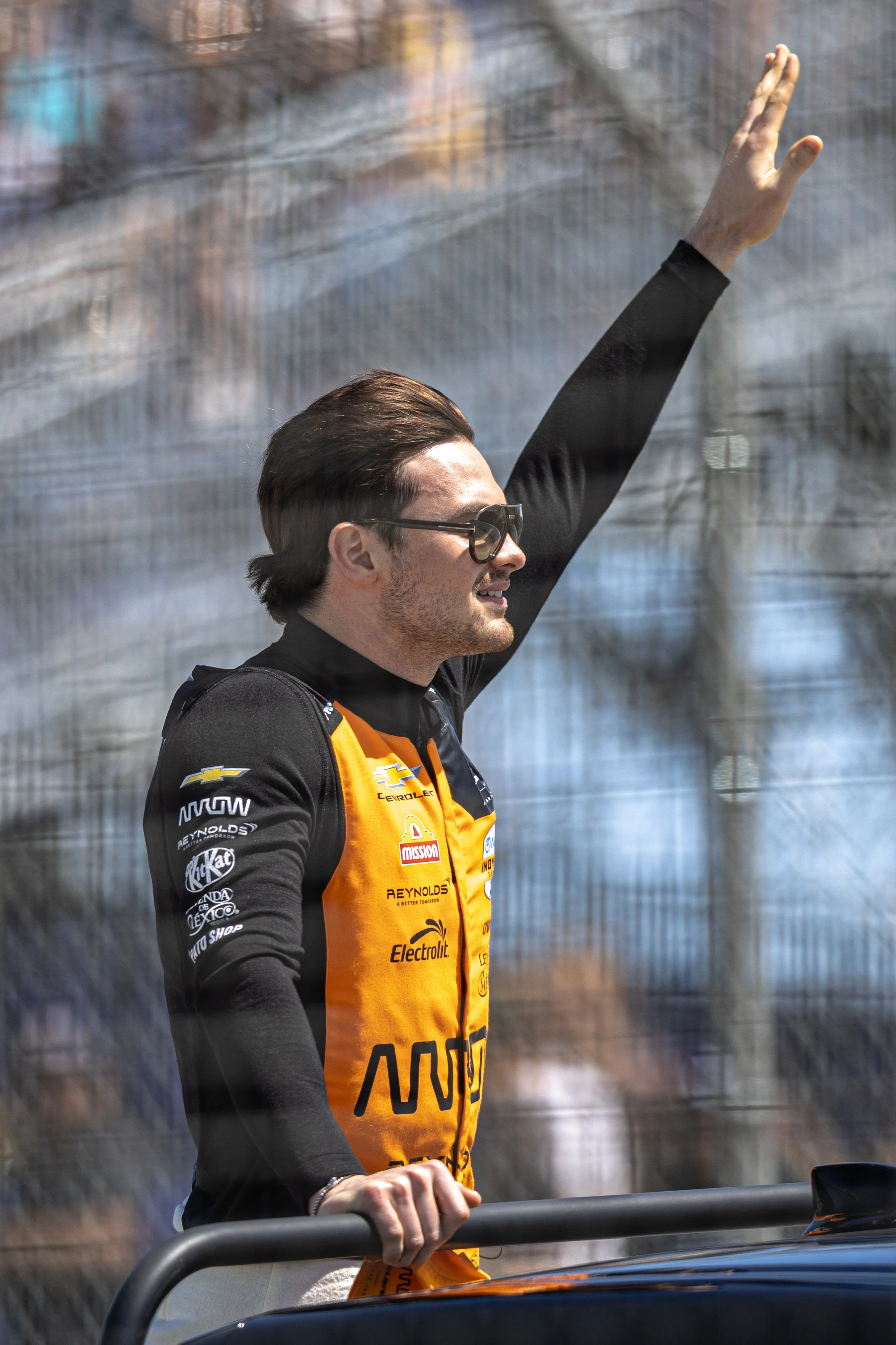  Arrow McLaren Car number 5 driver Patricio (Pato) O’Ward (CQ) waving to fans during the driver's parade during the Pre-race show of the Nippon Telegraph and Telephone Corporation (NTT) IndyCar Series on Sunday, April 19, 2026, on Shoreline Drive, Lo
