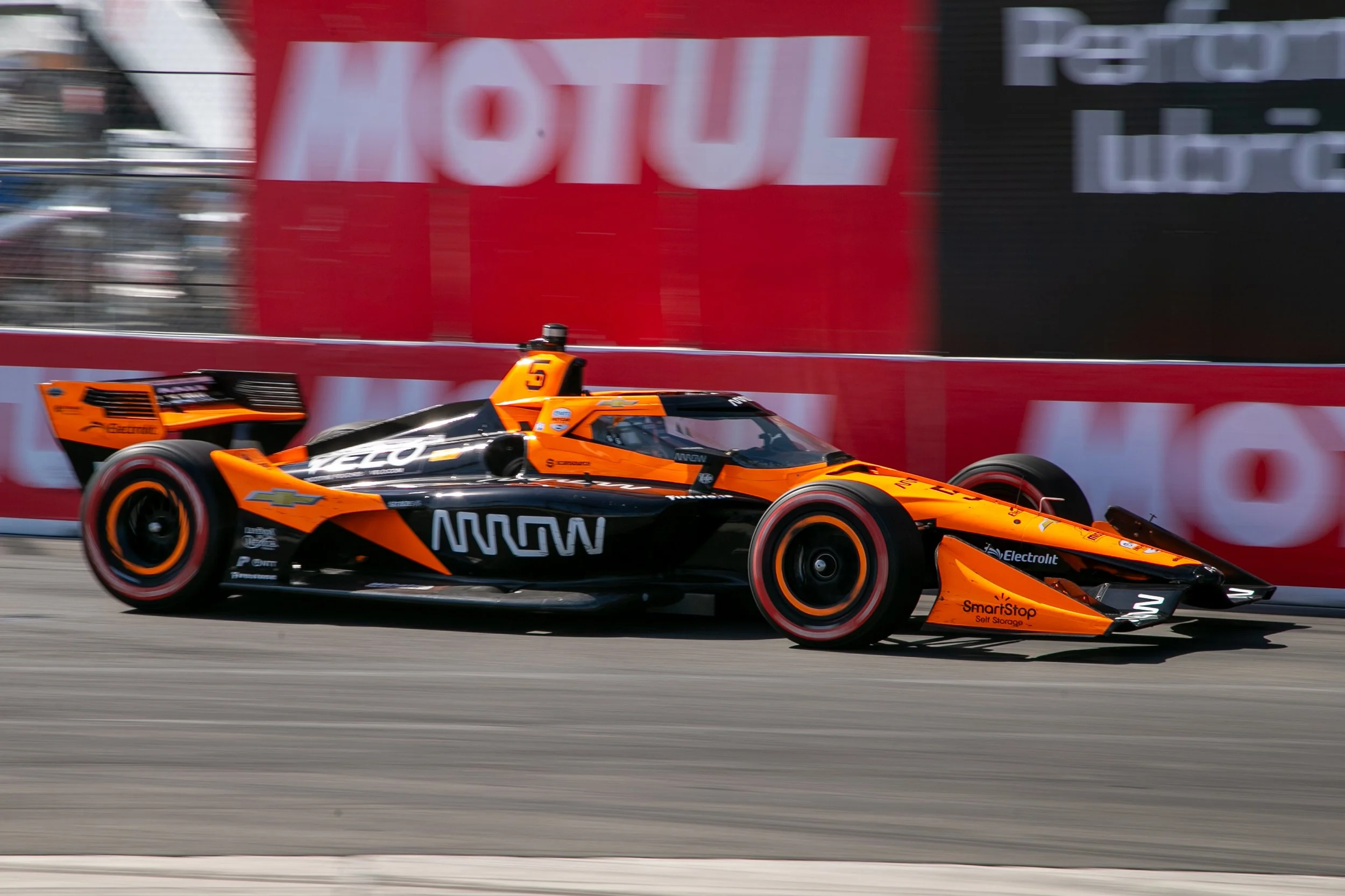  Arrow McLaren Car number 5 driven by Patricio (Pato) O’Ward (CQ)  entering turn 11 during the Acura Grand Prix of Long Beach for the Nippon Telegraph and Telephone Corporation (NTT) IndyCars Series on Sunday, April 19, 2026, on Shoreline Drive, Long