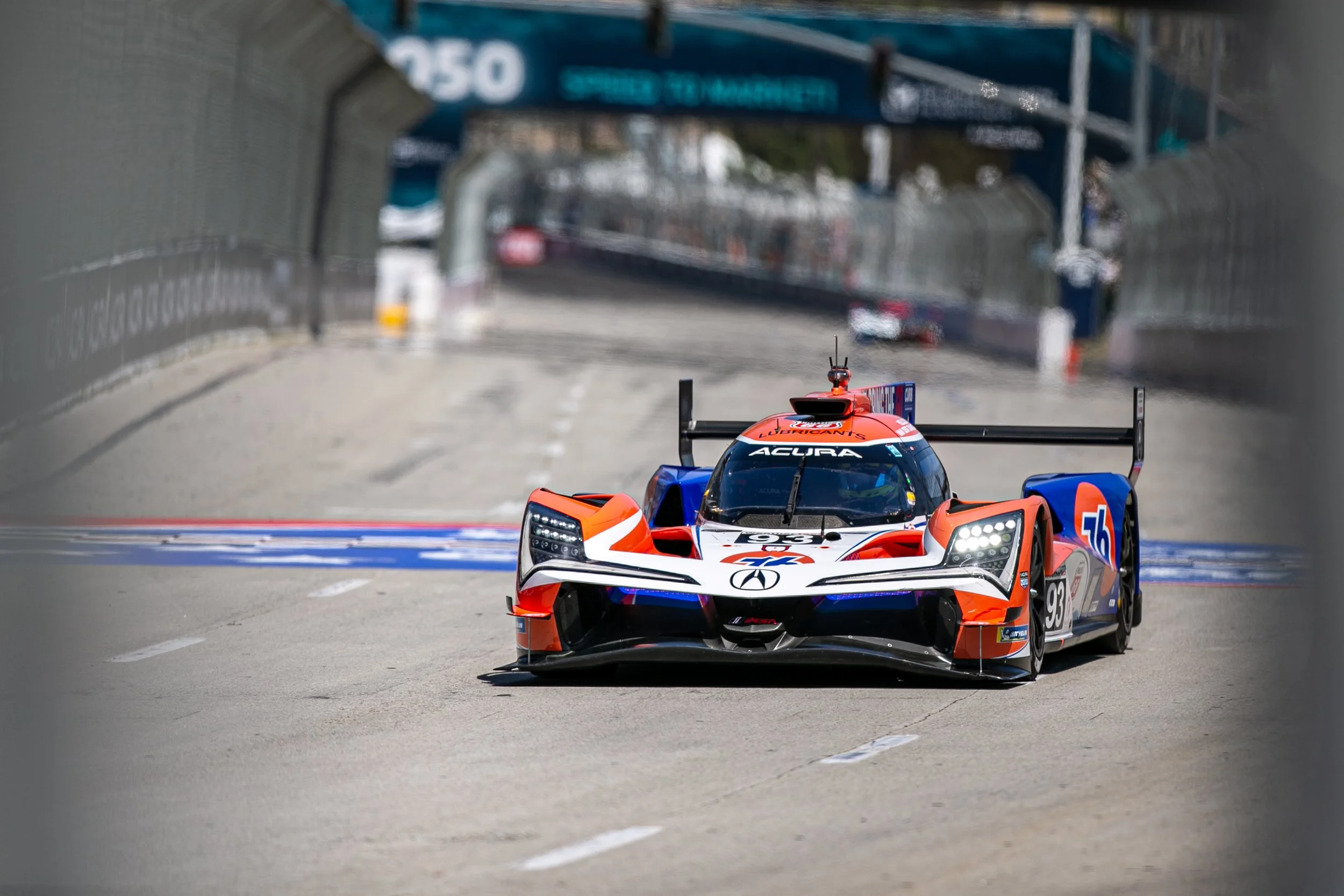  Grand Touring Prototype (GTP) Acura Meyer Shank Racing w/Curb Agajanian Acura ARX-06 number 93 driven by Nick Yelloly (CQ) and Renger van der Zande (CQ) racing down Shoreline drive during the Acura Grand Prix of Long Beach for the International Moto