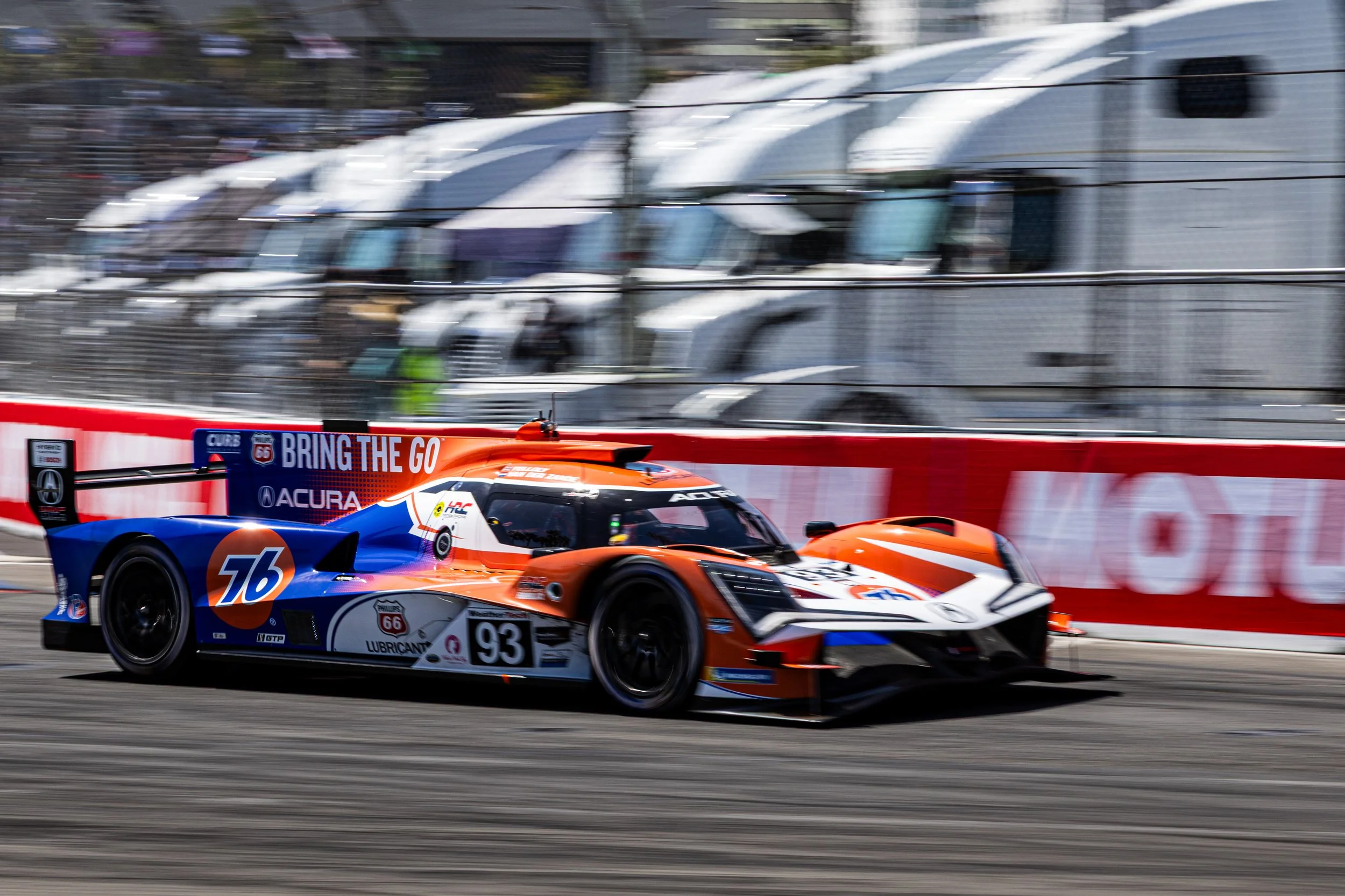  Grand Touring Prototype (GTP) Acura Meyer Shank Racing w/Curb Agajanian Acura ARX-06 number 93 driven by Nick Yelloly (CQ) and Renger van der Zande (CQ) racing out turn 11 during the Acura Grand Prix of Long Beach for the International Motor Sports 