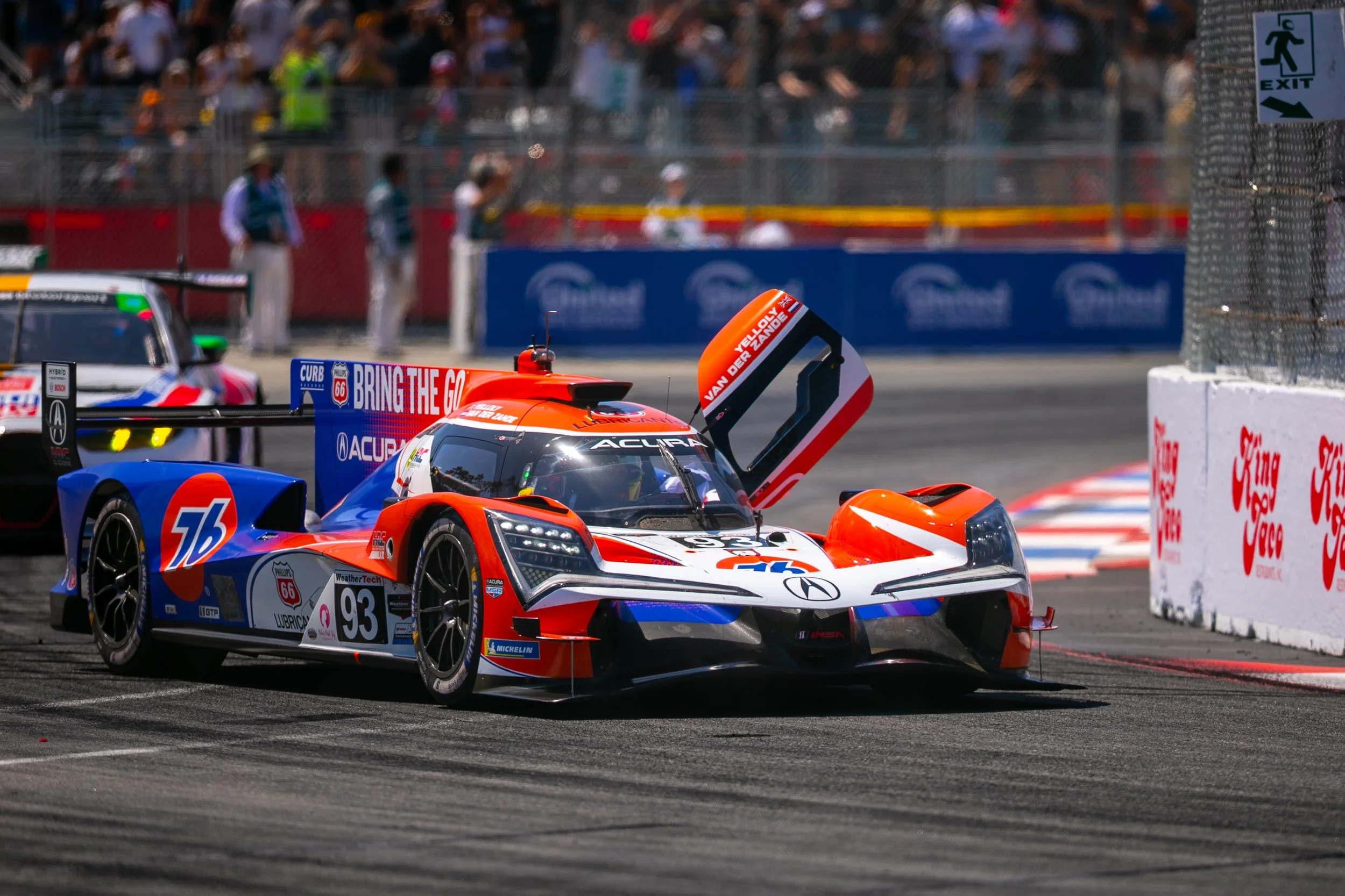  Grand Touring Prototype (GTP) Acura Meyer Shank Racing w/Curb Agajanian Acura ARX-06 number 93 driven by Nick Yelloly (CQ) and Renger van der Zande (CQ) driving out turn 11 after winning the Acura Grand Prix of Long Beach for the International Motor
