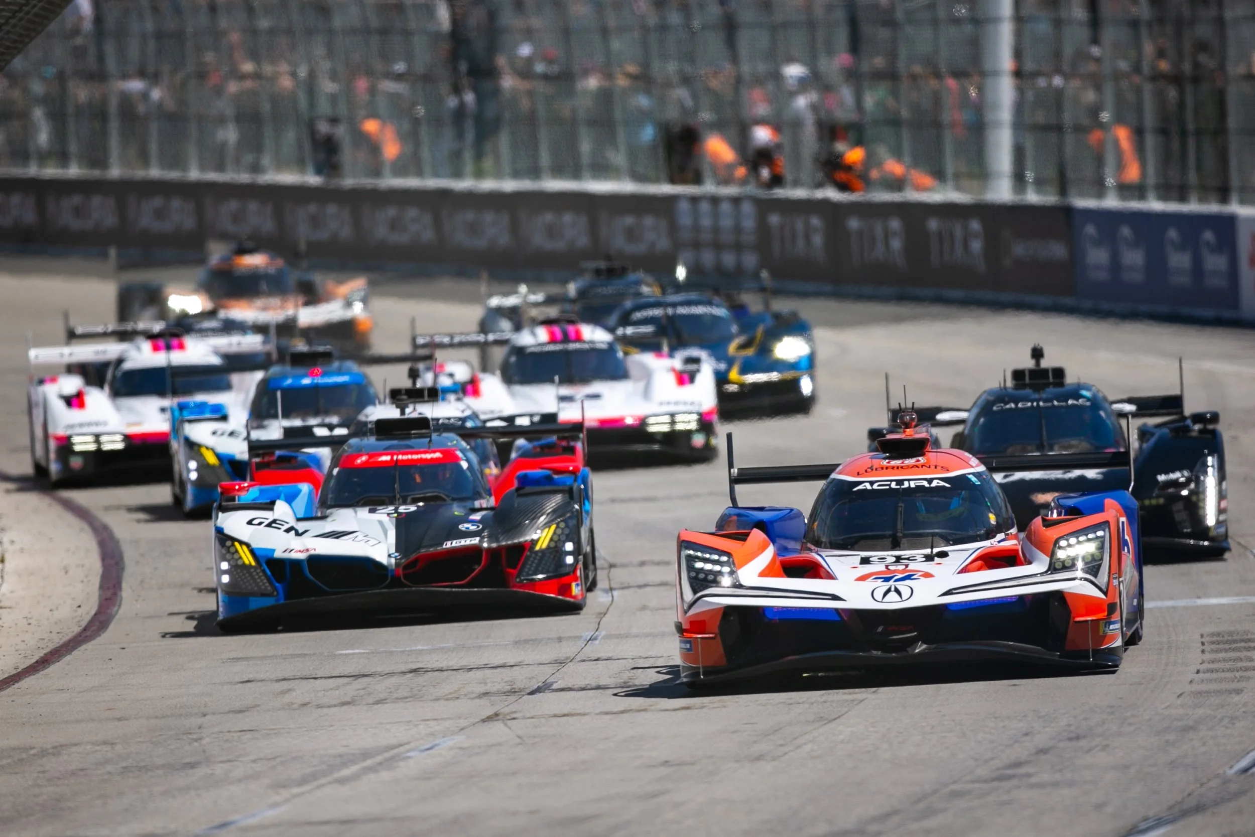  The field of Grand Touring Prototypes (GTP) racing on the main straight at the start of the Acura Grand Prix of Long Beach for the International Motor Sports Association (IMSA) WeatherTech Sportscar Series on Saturday, April 18, 2026, on Shoreline D