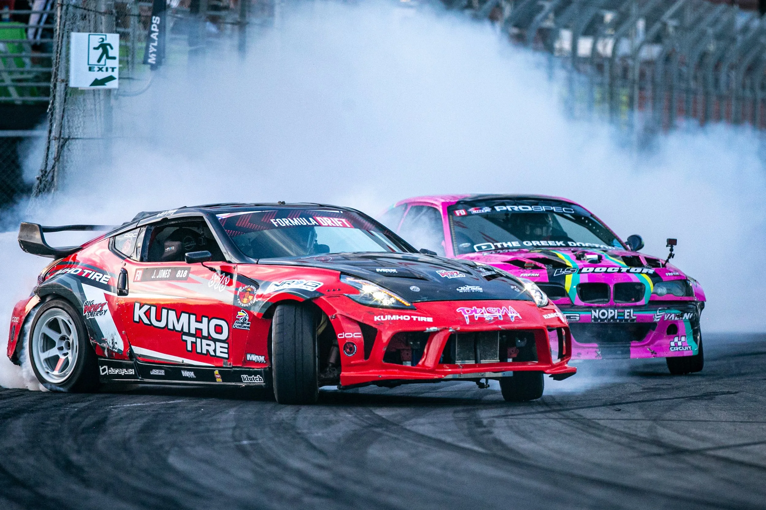  Formula Drift driver Jeff Jones in his Big Drift Energy / Kumho Tire / Prisma Lab Nissan 370Z, drifting in tandem with Margaritis Katsanidis in his LS Doctor E46 BMW during Formula Drift challenge 2 on Saturday, April 18, 2026, at the Long Beach Con