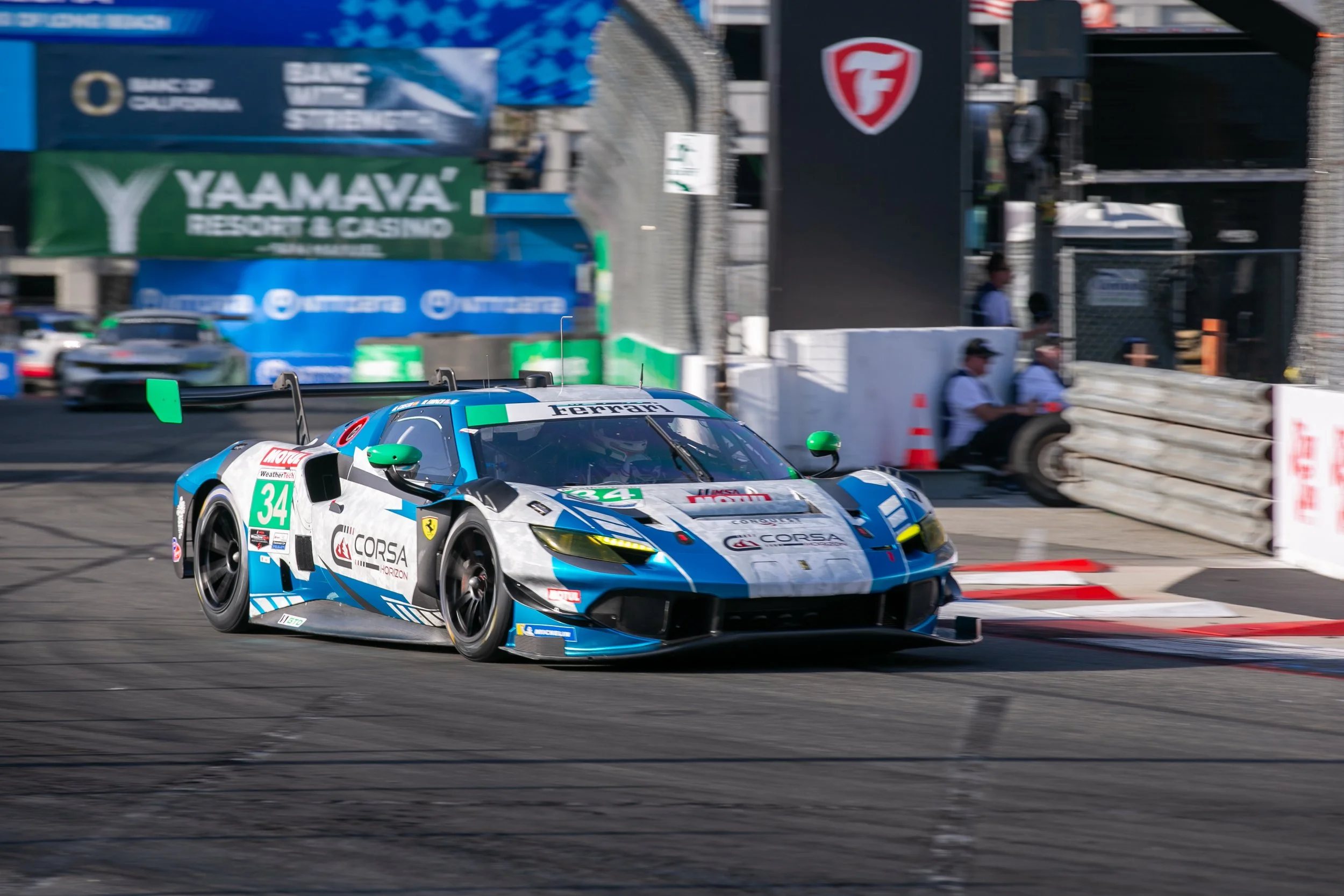  Grand Touring Daytona (GTD) Conquest Racing Ferrari 296 GT3 EVO Number 34 driven by Albert Costa Manny Franco racing through turn 10 during GTD Qualifying from the International Motor Sports Association (IMSA) WeatherTech Sportscar Series on Friday,