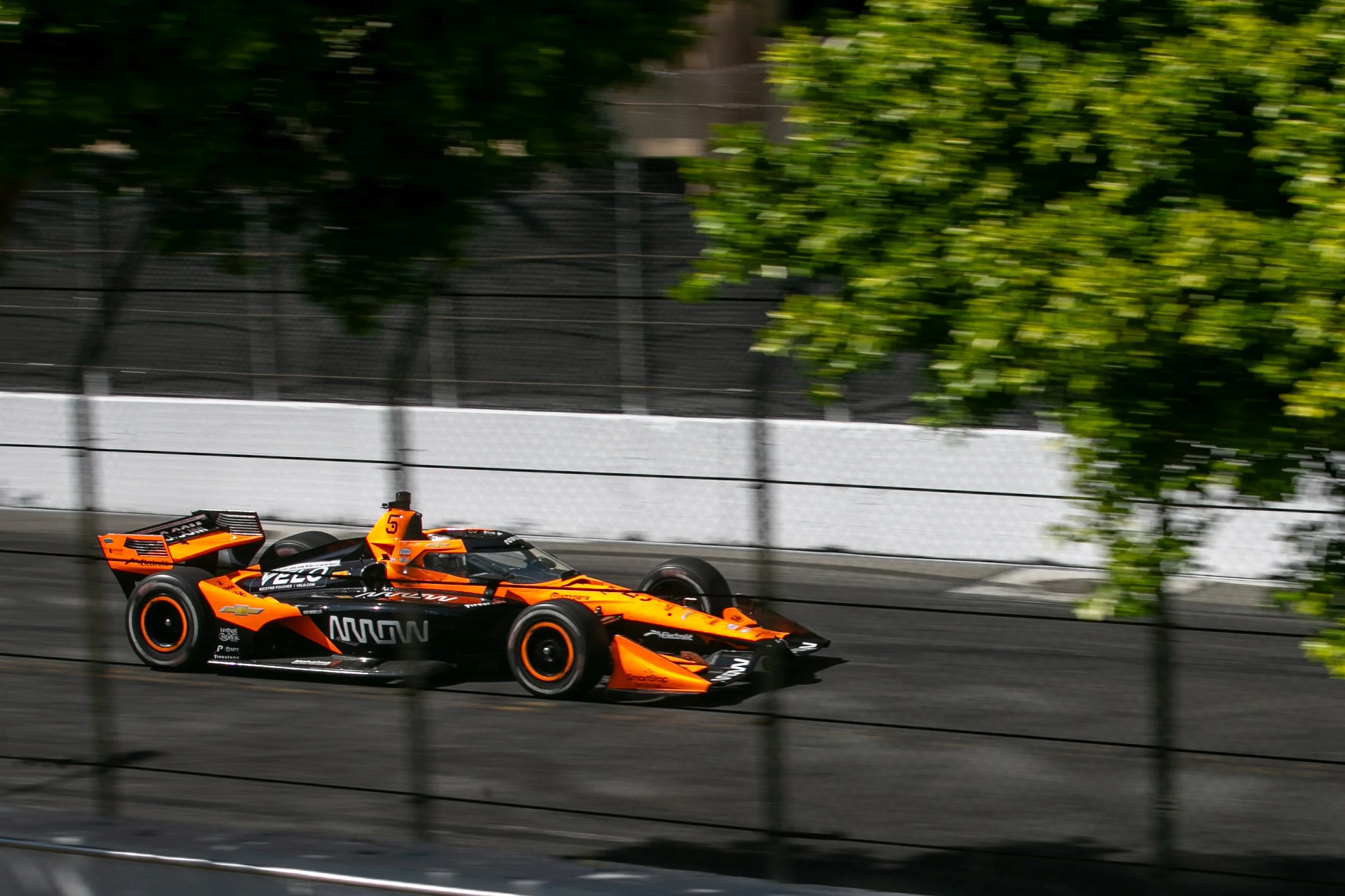  Arrow McLaren number 5 Patricio (Pato) O’Ward (CQ) driving through Seaside Way during Practice 1 of the Nippon Telegraph and Telephone Corporation (NTT) IndyCar Series on Friday, April 17, 2026, Long Beach, Calif. O’Ward finished 9th during Practice