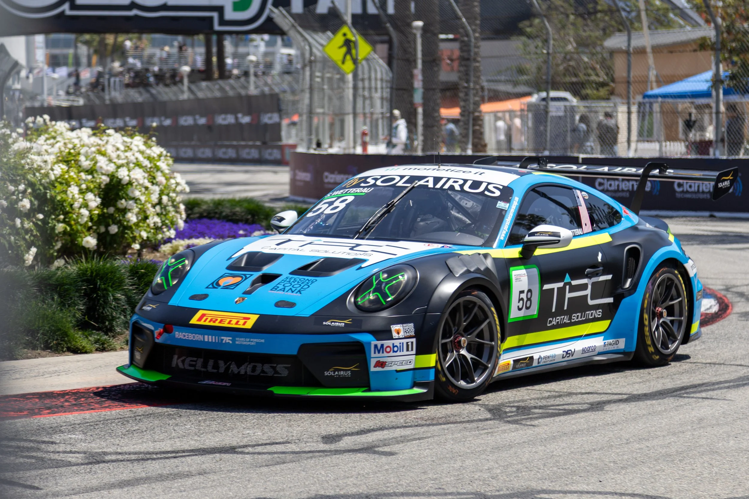  Kellymoss Porsche 911 Cup Type 992.2 number 58 driven by Steve Wetterau (CQ) driving through turn 2 during Practice 2 of the Porsche Carrera Cup North America series on Friday, April 17, 2026, on Shoreline Drive, Long Beach, Calif. Wetterau finished