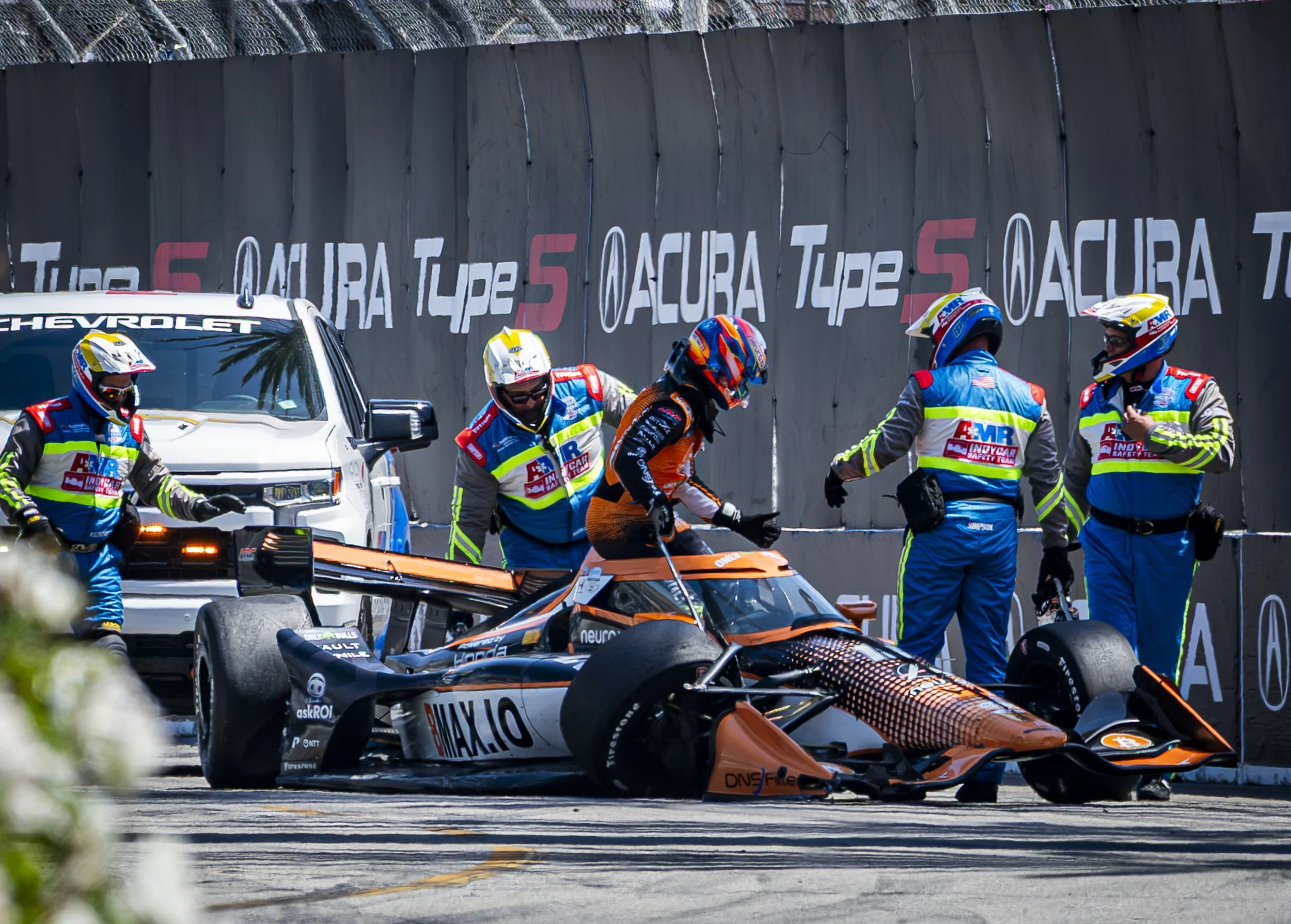  Nippon Telegraph and Telephone Corporation (NTT) Indycar series car no.18 of team Dale Coyne Racing driven by Romain Grosjean moments after wall collison on trun 1 During the final minutes of Practice 2 of the 2026 Acura Grand Prix of Long Beach in 