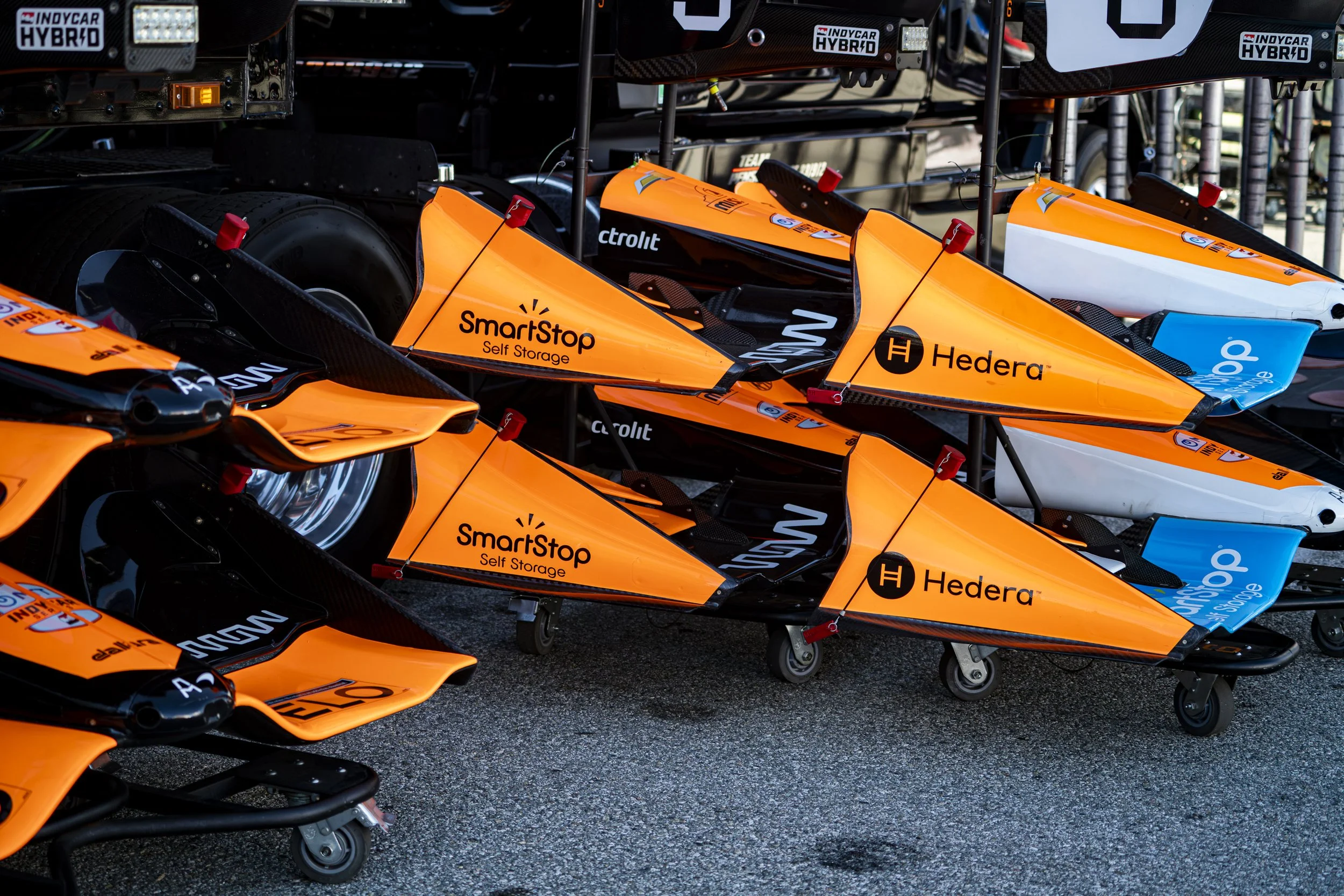  Nippon Telegraph and Telephoneplasce (NTT) Indycar Series team Arrow McLaren back up nose wings  for Indycars no.6 & no.7  in equipment Pitbox in the Paddock area of the 2026 Acura Grand Prix of Long Beach in Long Beach, Calif., Sunday April 19, 202