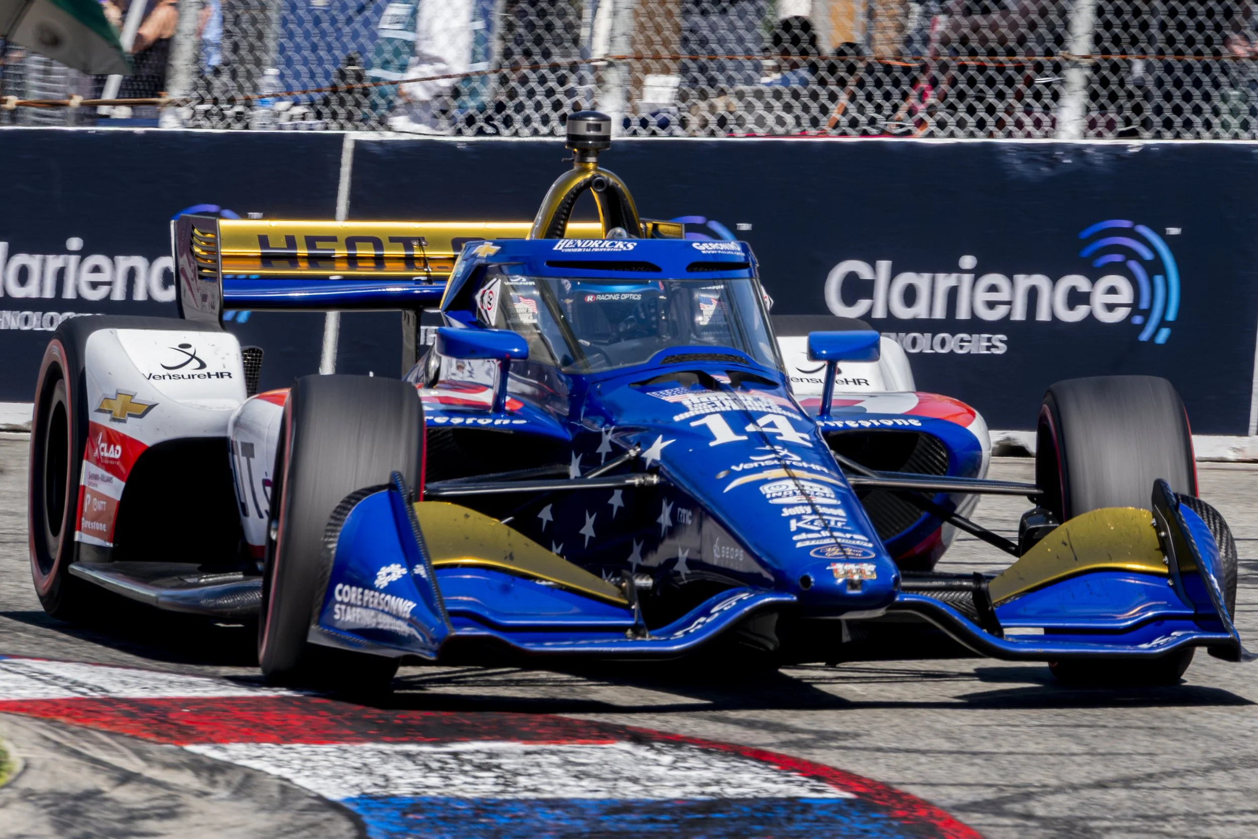  Nippon Telegraph and Telephone Corp (NTT) IndyCar series car no.14 of team A.J. Foyt Enterprises driven by Santino Ferrucci on turn 2 of the Long Beach Street Circuit, Ferrucci finished in 18th place the 2026 Acura Grand Prix of Long Beach, in Long 