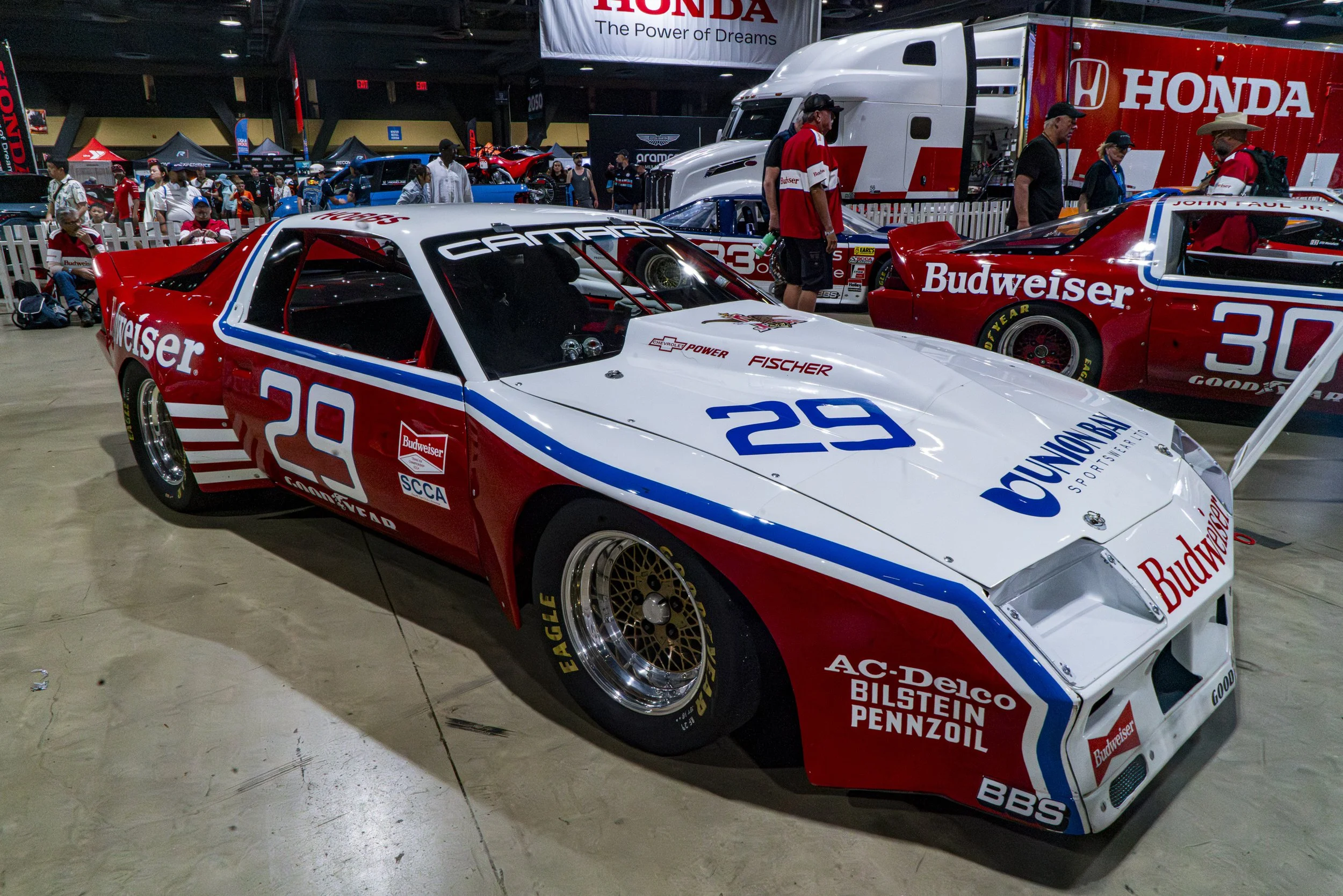  Historic Sportscar Racing (HSR) International Motor Sports Association (IMSA) show case DeAtley Motorsports team car #29 Cheverolet Camero driven by David Hobbs who famously won the Trans-Am Championship of 1983 on display in the Lifestyle Expo at t