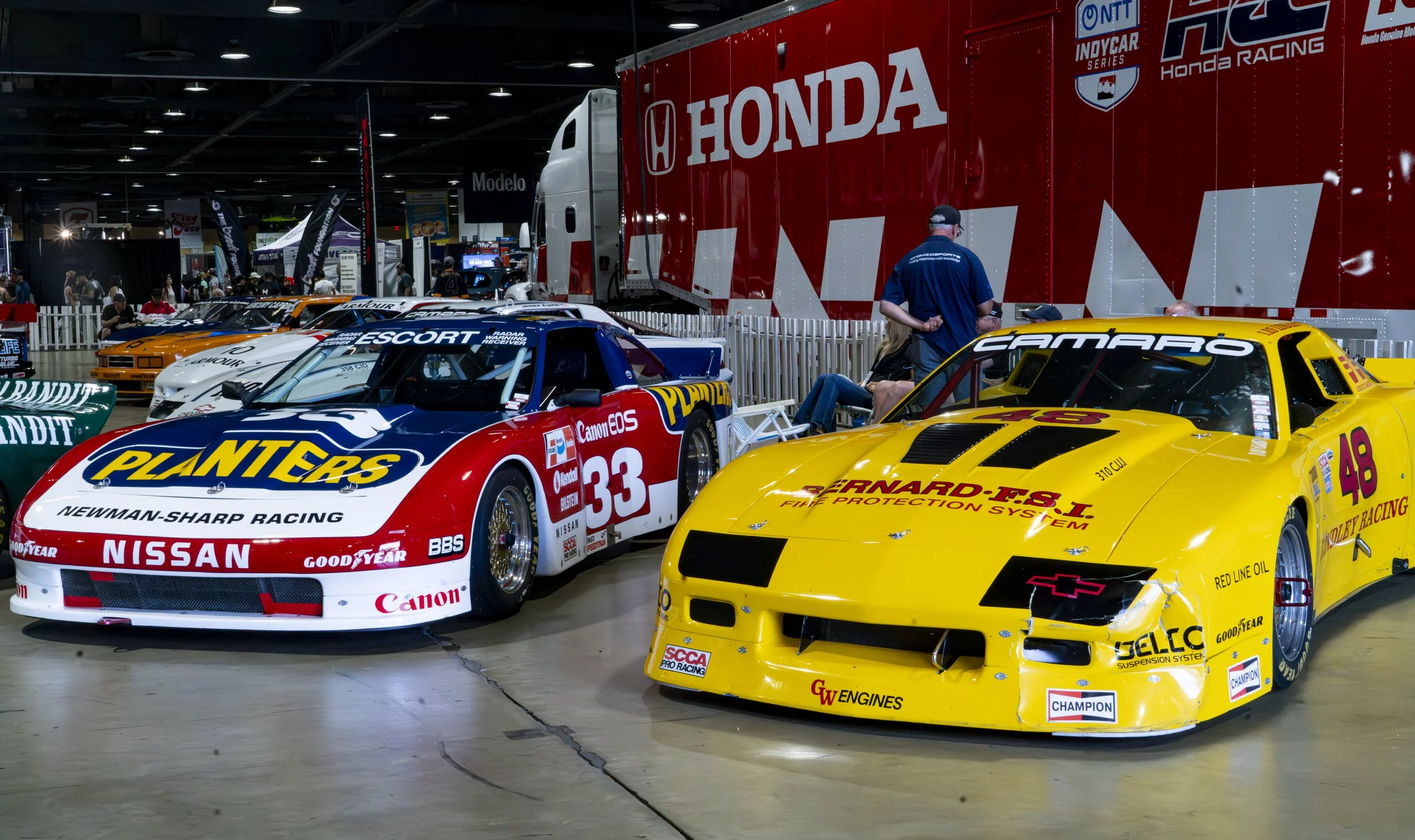  Historic Sportscar Racing (HSR) International Motor Sports Association (IMSA) show case (IL-R) no.33 Nissan 300ZX Turbo, a legendary race car by Newman-Sharp Racing. This specific "Planters" livery was famously driven by Academy Award-winning actor 