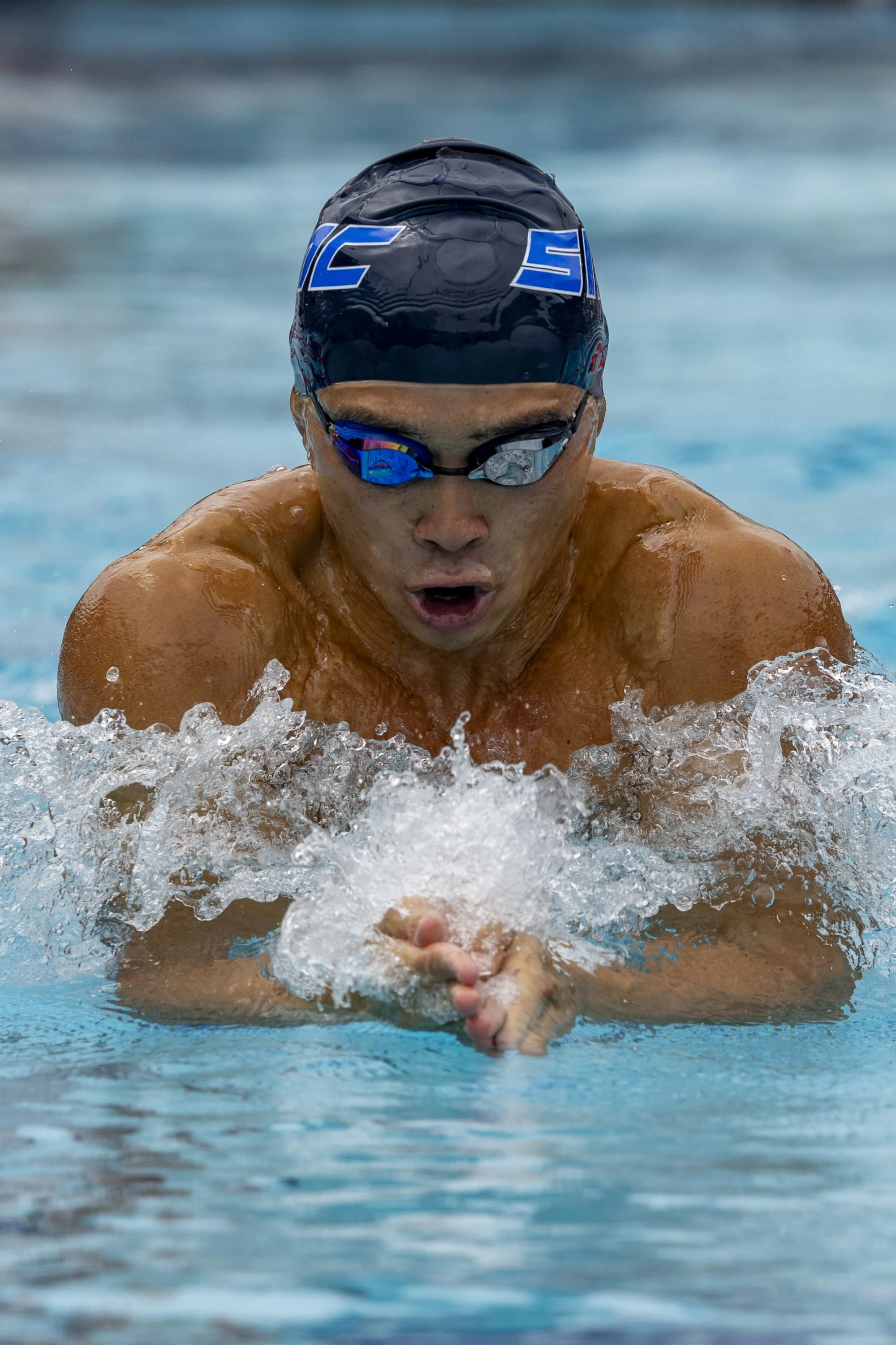  Riley Taizo Amis, Santa Monica College (SMC) Corsair, swims during the Prelims of the men’s 100m breaststroke during the 3C2A State Championship on Friday, May 1, 2026, at the Orange Coast College Pool in Costa Mesa, Calif. Amis finished in 59.38 se