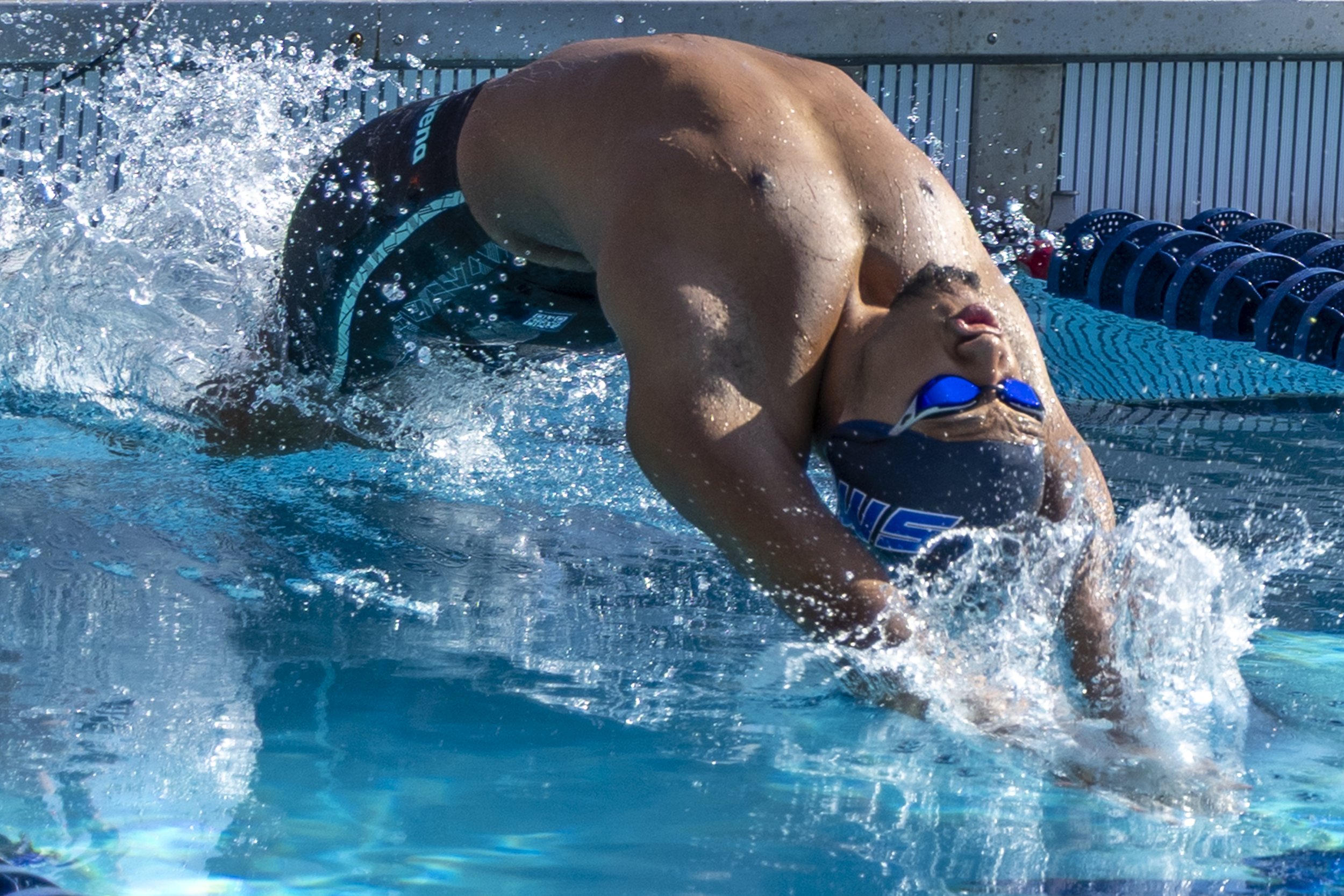  Zinandin Rosales, Santa Monica College (SMC) Corsair, leads off the race with backstroke in the timed final of the men’s 200m Medley Relay at the 3C2A State Championship on Friday, May 1, 2026, at the Orange Coast College Pool in Costa Mesa, Calif. 