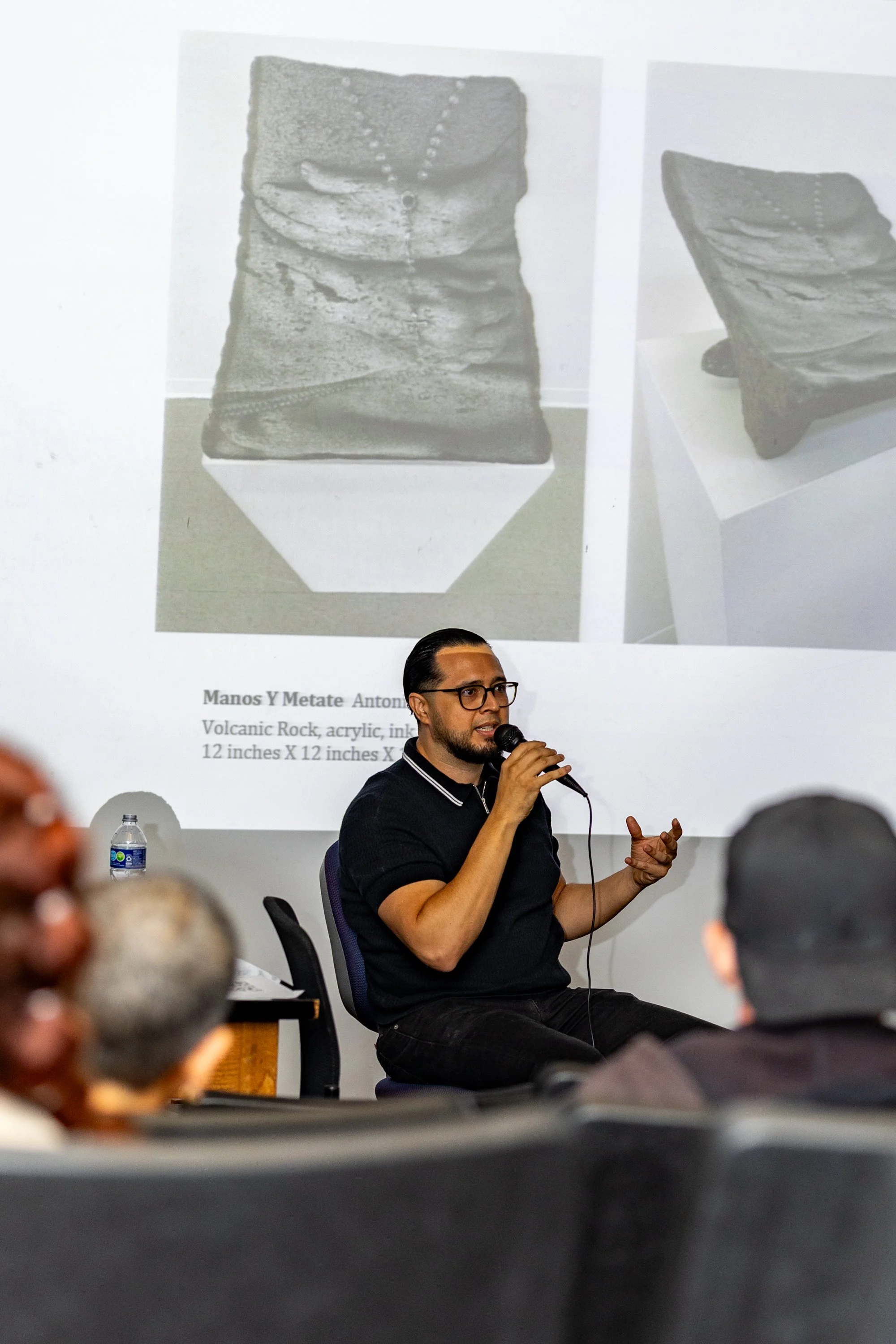  Antonio Perez, first-generation Mexican-American artist speaks about his art piece ‘Manos Y Metate’ at the event ‘Concrete Hope artists in Conversation’ in room A214 in the Art Building at Santa Monica College (SMC) Main Campus in Santa Monica, Cali