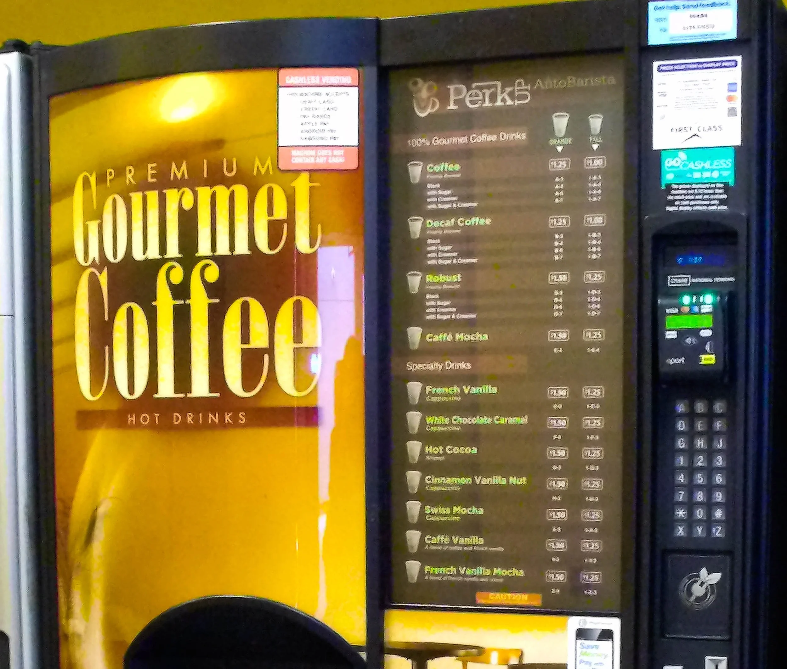  One of the vending machines on Santa Monica College’s (SMC) Center for Media and Design (CMD) campus is a Premium Gourmet Coffee machine that provides hot chocolate and coffee - both black and flavored - beverages. The drinks come in Tall (small) an