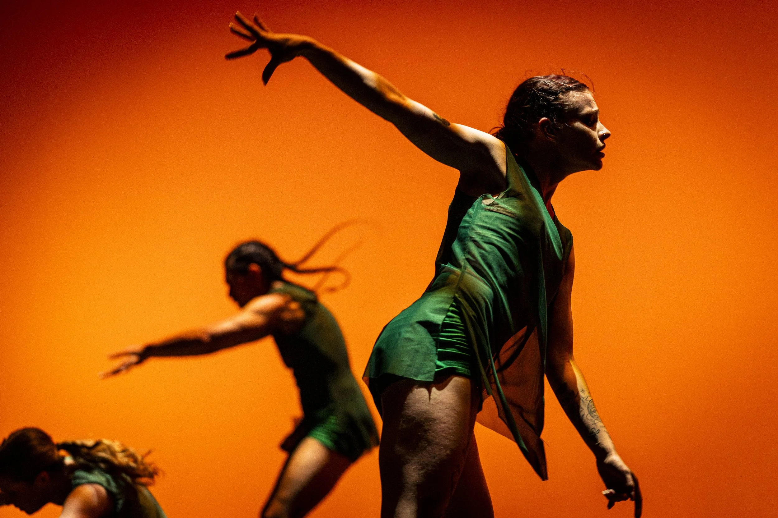  Santa Monica College (SMC) student Calen Sotebeer (front)  rehearses Tidal Treasures, choreographed by João Ducci in collaboration with dancers, during a dress rehearsal for an upcoming performance by SMC’s Synapse Contemporary Dance Theater on Wedn