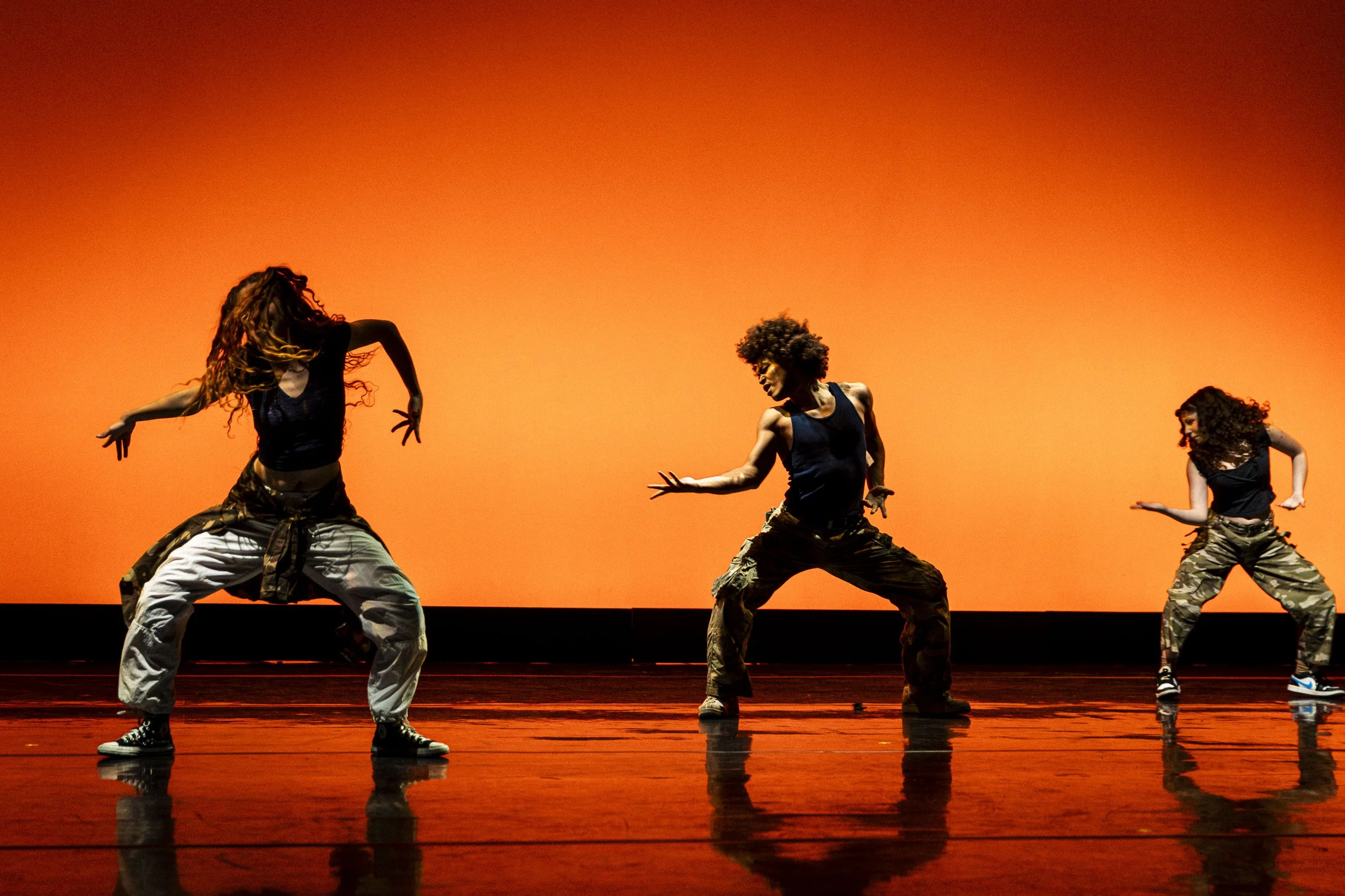  Santa Monica College (SMC) students (L to R) Marissa Aniel Venice West Gonzalez and India Loveless rehearse Common Ground, choreographed by students Maite Garcia, Kiari Lee Montgomery and Liz Perez, during a dress rehearsal for an upcoming performan