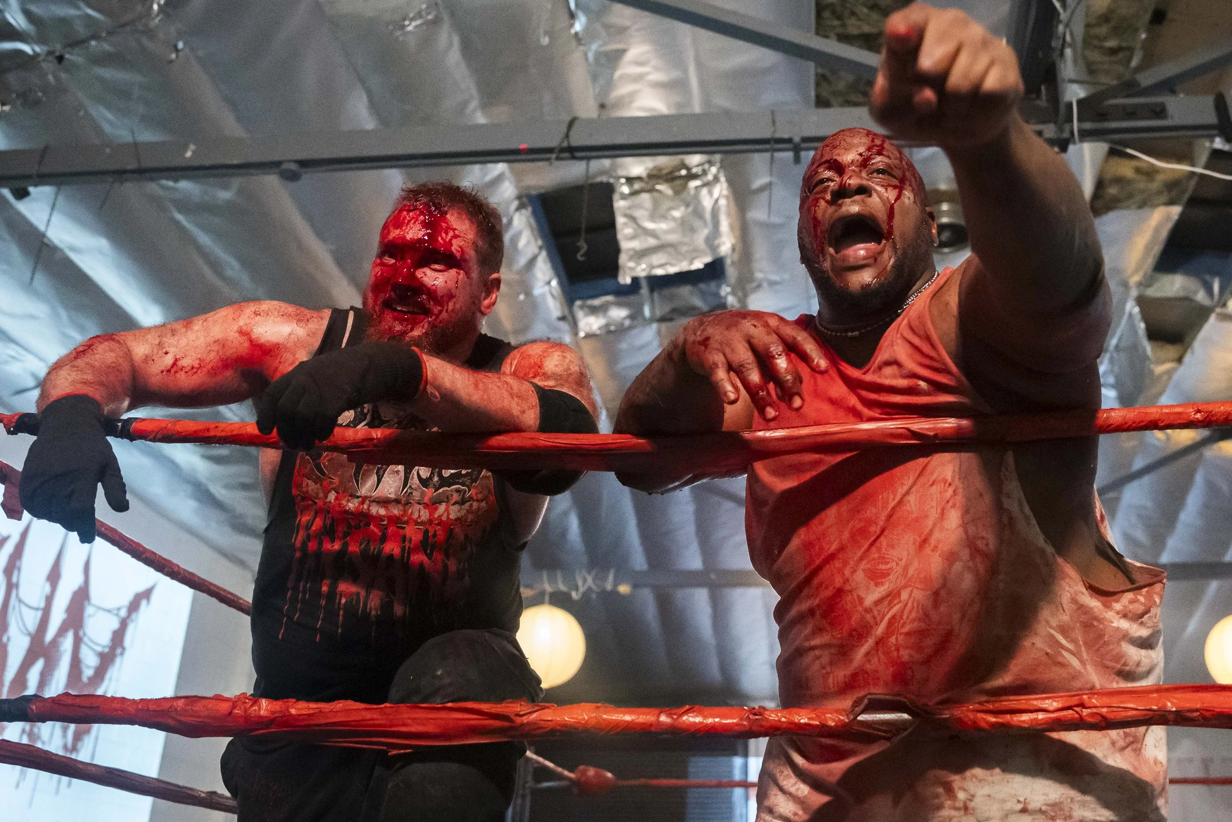  Deathmatch wrestlers Phil Insane (L) and Hoodfoot (R) demand a Three vs. Three Tag Team Match after Insane was jumped by three bloodfighters inside the LA Church in Los Angeles on Saturday, May 16, 2026. (Kayjel J. Mairena | The Corsair) 